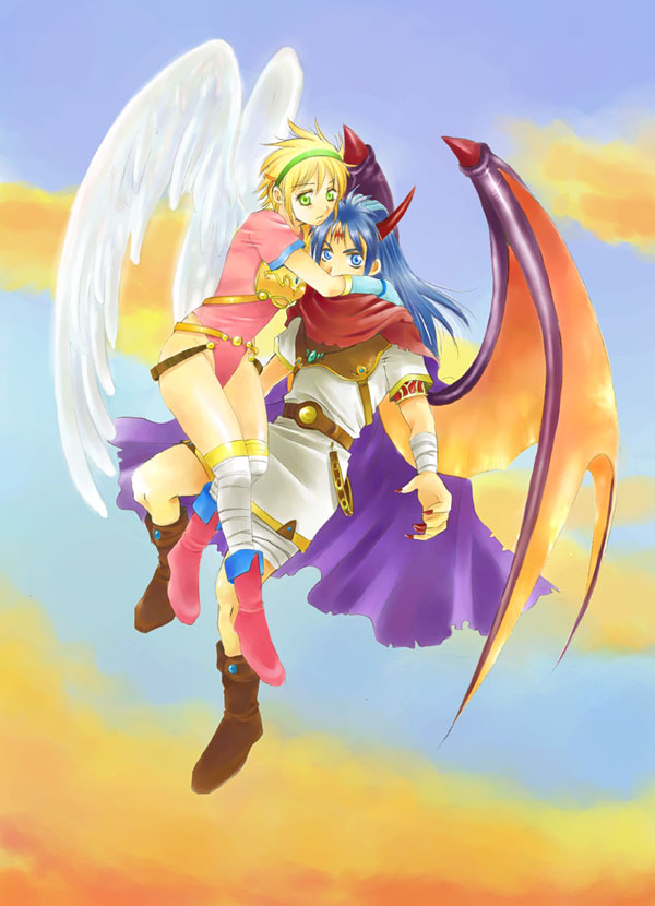 1boy 1girl angel_wings armor bat_wings blonde_hair blue_eyes blue_hair boots breath_of_fire breath_of_fire_i capcom cape gloves green_eyes hairband hetero horns hug knee_boots leotard long_hair nina_(breath_of_fire_i) nino_(nino_imo) red_leotard ryu_(breath_of_fire_i) short_hair thighhighs white_wings wings