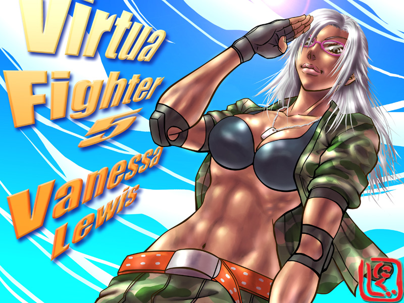1girl abs belt bespectacled between_breasts breasts camouflage character_name copyright_name dark-skinned_female dark_skin dog_tags elbow_pads female_focus fingerless_gloves glasses gloves grey_eyes jacket large_breasts lips long_hair muscular narrow_waist nikuji-kun open_clothes open_jacket salute silver_hair sleeves_rolled_up solo toned toned_female vanessa_lewis virtua_fighter virtua_fighter_5