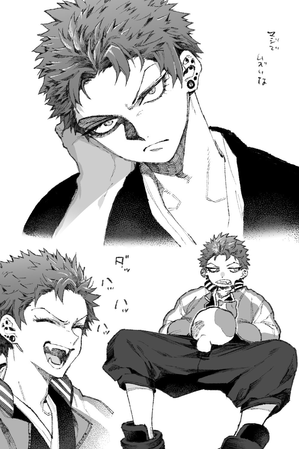 1boy animal animal_on_lap cat cat_on_lap clenched_teeth closed_eyes ear_piercing eyelashes fangs greyscale harai_kuko highres hypnosis_mic jacket japanese_clothes laughing letterman_jacket long_sleeves looking_at_viewer maki_keigo male_focus monochrome multiple_views on_lap open_mouth piercing simple_background sitting spiked_hair spread_legs teeth