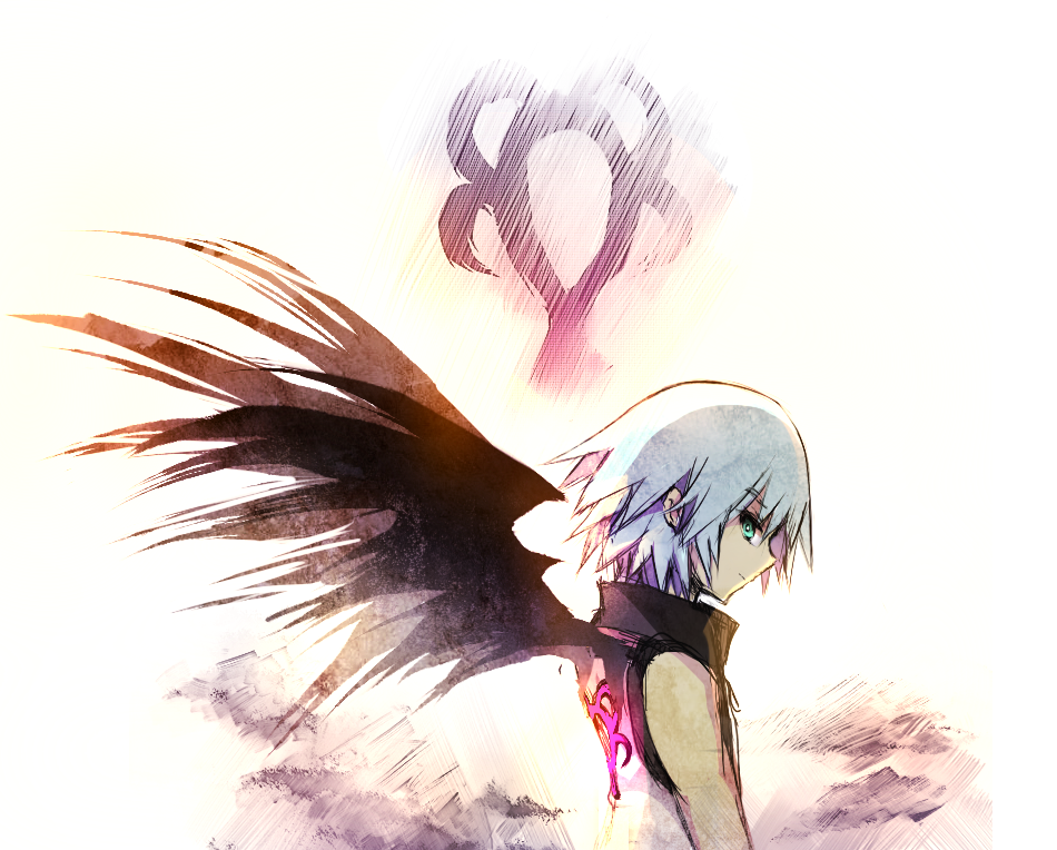 1boy aqua_eyes bat_wings black_wings bright_pupils commentary dream_eater_(kingdom_hearts) english_commentary grey_hair kingdom_hearts kingdom_hearts_3d:_dream_drop_distance light_smile looking_back male_focus momoppi riku_(kingdom_hearts) solo upper_body vest wings