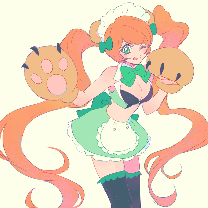 1girl akiyama_enma animal_ears animal_hands bear_ears bear_girl bear_paws black_thighhighs bow breasts claws cleavage crop_top detached_collar frilled_skirt frills gloves green_bow green_eyes green_skirt hands_up large_breasts leaning_forward long_hair looking_at_viewer maid_headdress one_eye_closed orange_hair paw_gloves skirt smile solo thighhighs tongue tongue_out twintails v-shaped_eyebrows very_long_hair yuri_kuma_arashi yurigasaki_lulu