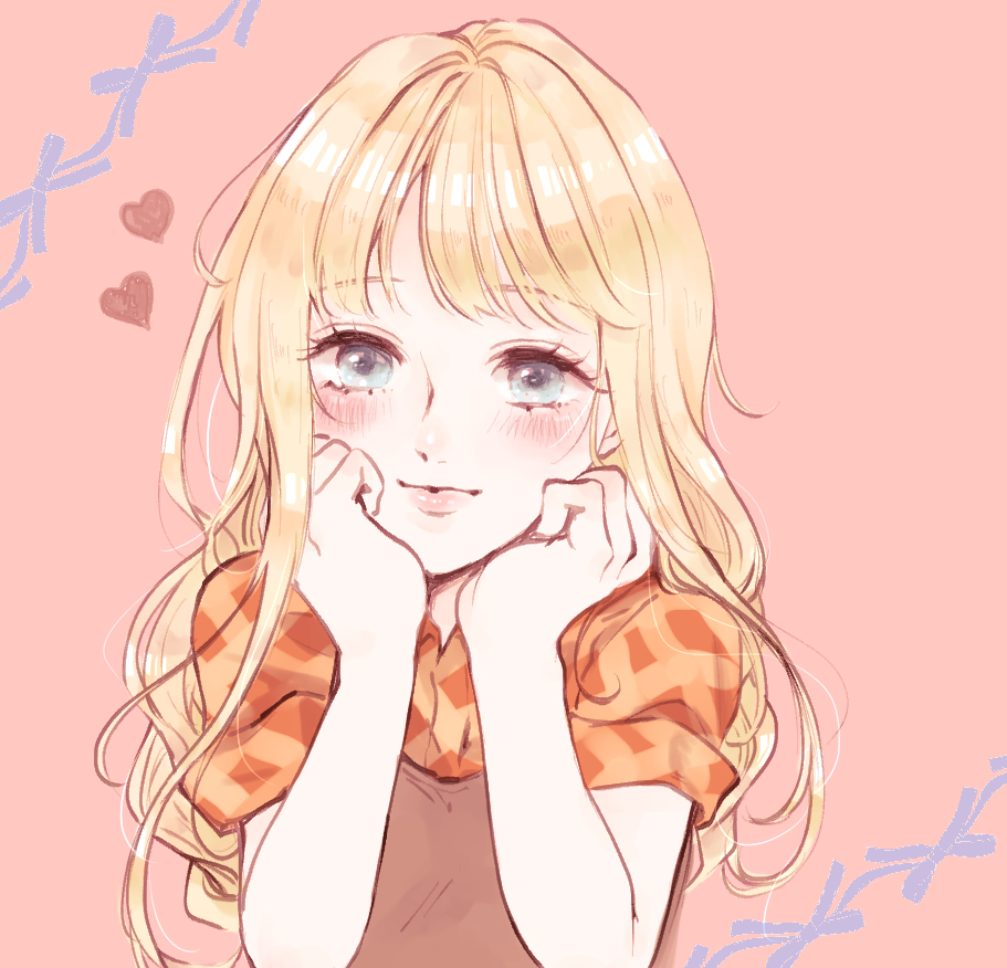 1girl arm_support blonde_hair blue_eyes blush bokujou_monogatari bokujou_monogatari:_mittsu_no_sato_no_taisetsuna_tomodachi bow_background braid brown_overalls closed_mouth gingham_shirt hands_up head_on_hands heart long_hair looking_at_viewer low_twin_braids nanami_(bokujou_monogatari) overalls pink_background red_shirt salad726 shirt short_sleeves smile solo swept_bangs twin_braids upper_body wavy_hair