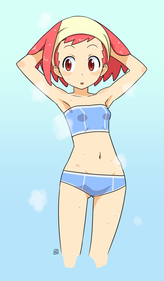 1girl aero_(mega_man) armpits arms_behind_head blush_stickers breasts hair_up hairband mega_man_(series) mega_man_legends_(series) mega_man_legends_3 muu_(mumumer) navel open_mouth panties pink_hair red_eyes simple_background solo sports_bra underwear underwear_only
