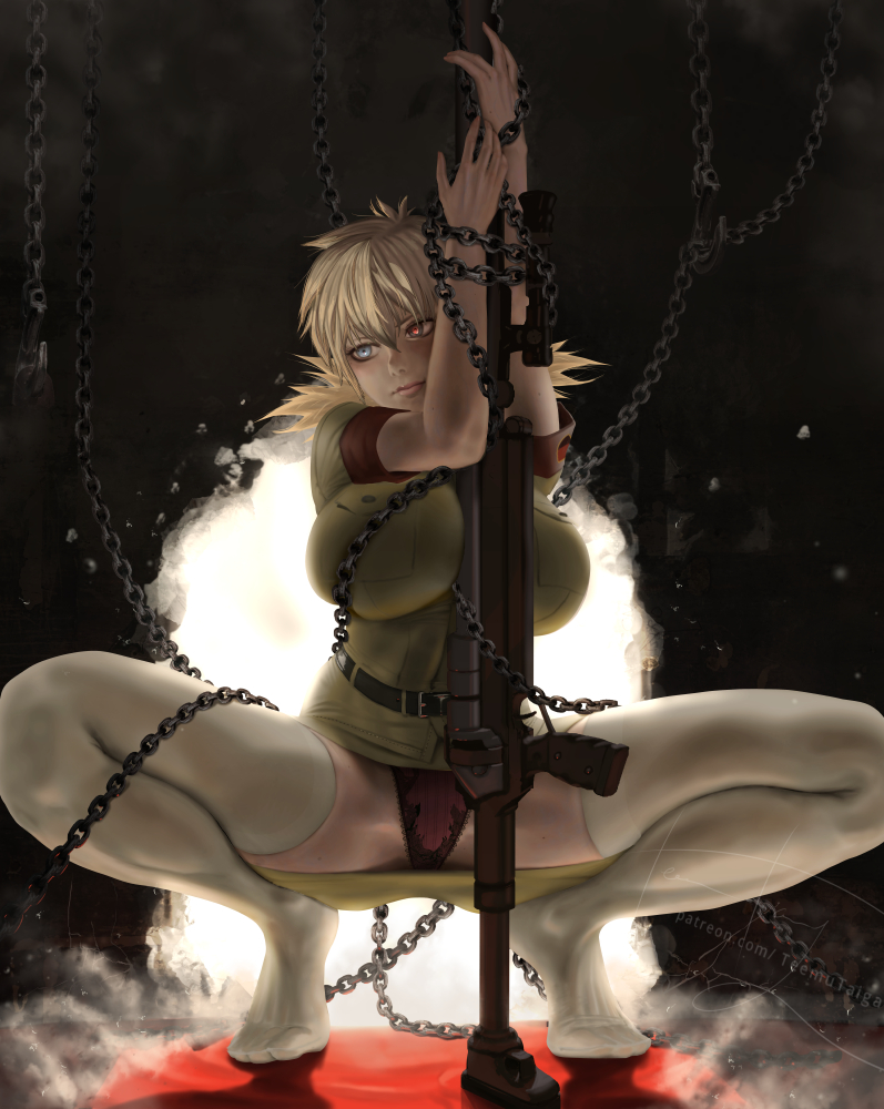 1girl anti-materiel_rifle arms_up bdsm blonde_hair bondage bound breasts cannon chain gun harkonnen_(gun) hellsing heterochromia impossible_clothes large_breasts miniskirt panties rifle seras_victoria short_hair skirt sniper_rifle solo spread_legs squatting taut_clothes teemu_taiga thighhighs underwear weapon white_thighhighs
