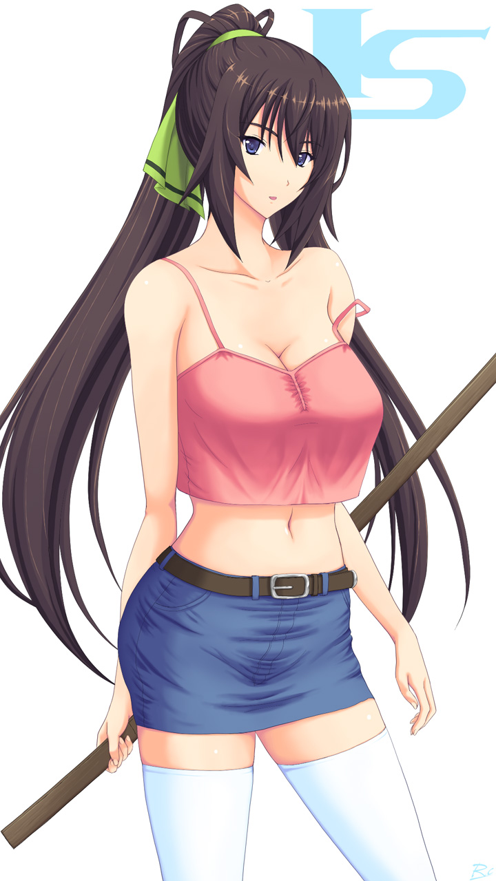 1girl bare_arms black_hair blue_eyes blue_skirt breasts camisole cleavage highres infinite_stratos large_breasts long_hair looking_at_viewer pink_camisole ponytail rezel_craft shinonono_houki skirt solo thighhighs white_thighhighs