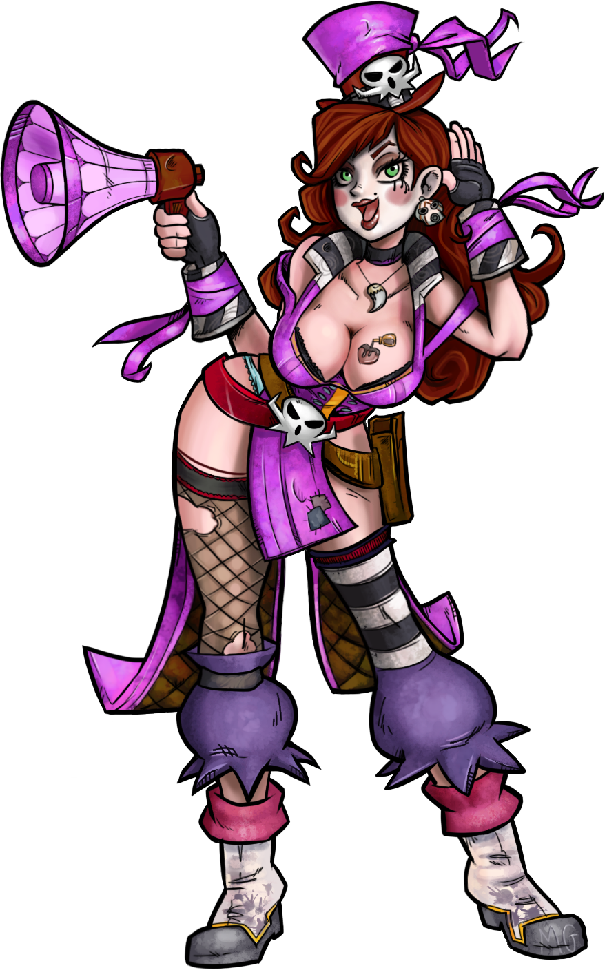 1girl ankle_boots arettes asymmetrical_legwear bandana belt belt_buckle blush_stickers boots borderlands_(series) borderlands_2 bra breast_tattoo breasts brown_hair buckle captain_syrup choker cleavage corset curly_hair eyelashes facepaint female_focus fingerless_gloves fishnet_thighhighs fishnets full_body fusion gloves green_eyes hat highres holster jewelry large_breasts leaning_forward lips long_hair mad_moxxi make makeup mario_grant megaphone mini_hat mini_top_hat mismatched_legwear necklace nintendo panties pants pirate red_eyes red_hair shoes skull solo tagme tattoo thigh_holster thighhighs tooth_necklace top_hat torn_clothes torn_thighhighs transparent_background underwear wario_land wario_land:_shake_it!