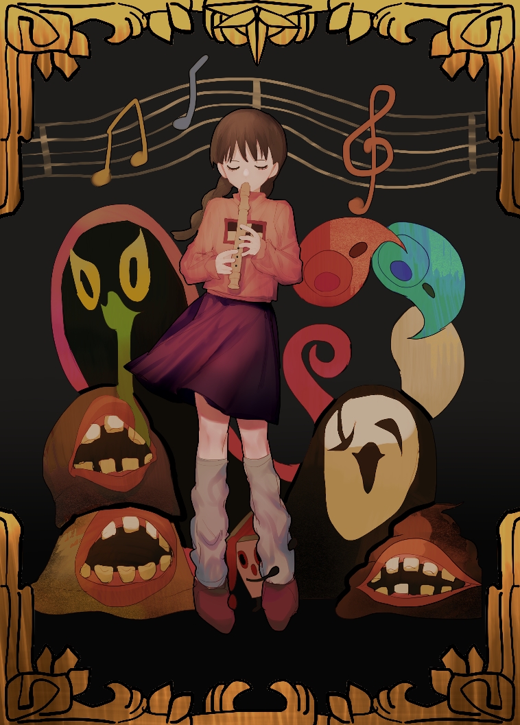 1girl border braid brown_hair character_request closed_eyes commentary_request creature expressionless facing_viewer floating_hair flute frog_character_(yume_nikki) full_body ghost holding holding_flute holding_instrument holding_flute instrument leg_warmers long_hair low_twin_braids madotsuki music musical_note ornate_border pink_sweater playing_instrument recorder red_footwear red_skirt skirt musical_staff sweater tokuto-kun turtleneck turtleneck_sweater twin_braids uboa white_leg_warmers xgshjsgha yume_nikki