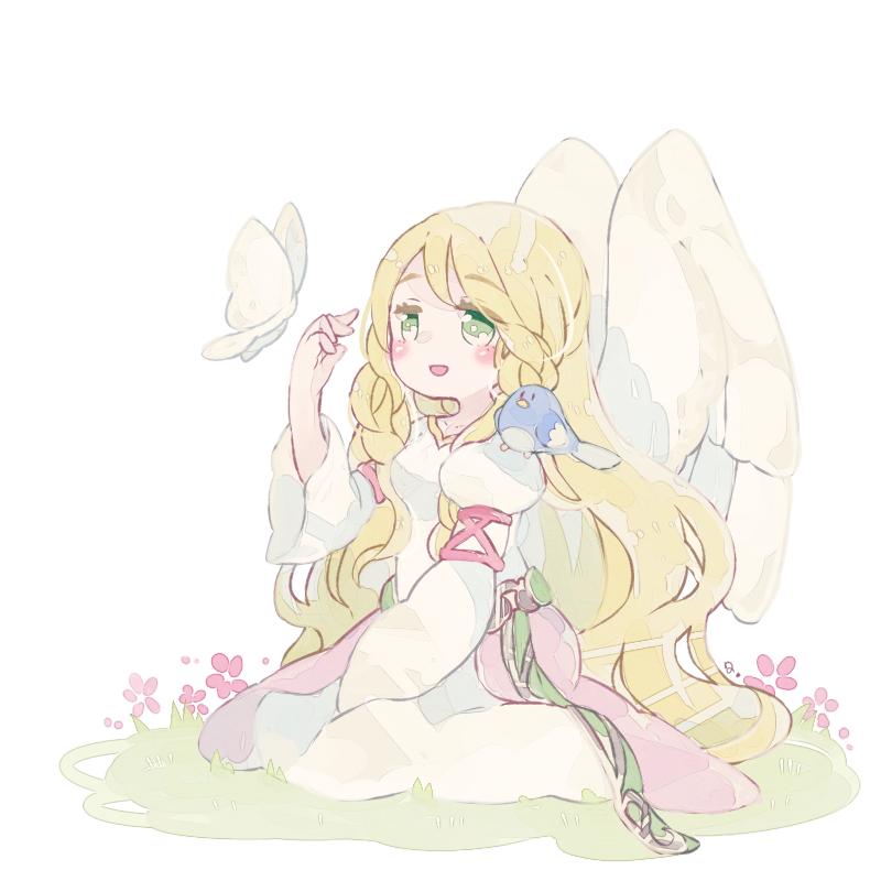 1girl angel_wings bird blonde_hair bug butterfly dress feathered_wings fire_emblem fire_emblem:_radiant_dawn green_eyes heron insect leanne_(fire_emblem) long_hair nintendo nozomu_o open_mouth very_long_hair white_wings wings