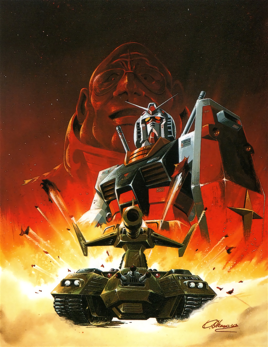 1980s_(style) 1981 animage army bald booklet cannon caterpillar_tracks commentary debris degwin_sodo_zabi earth_federation emblem english_commentary explosion fire fleet glasses gundam light magazine_scan magella_attack mecha military_vehicle motor_vehicle official_art oldschool ookawara_kunio open_mouth painting_(medium) poster_(medium) retro_artstyle robot rx-78-2_gundam scan shield signature tank tank_turret traditional_media turret uniform v-fin war zeon