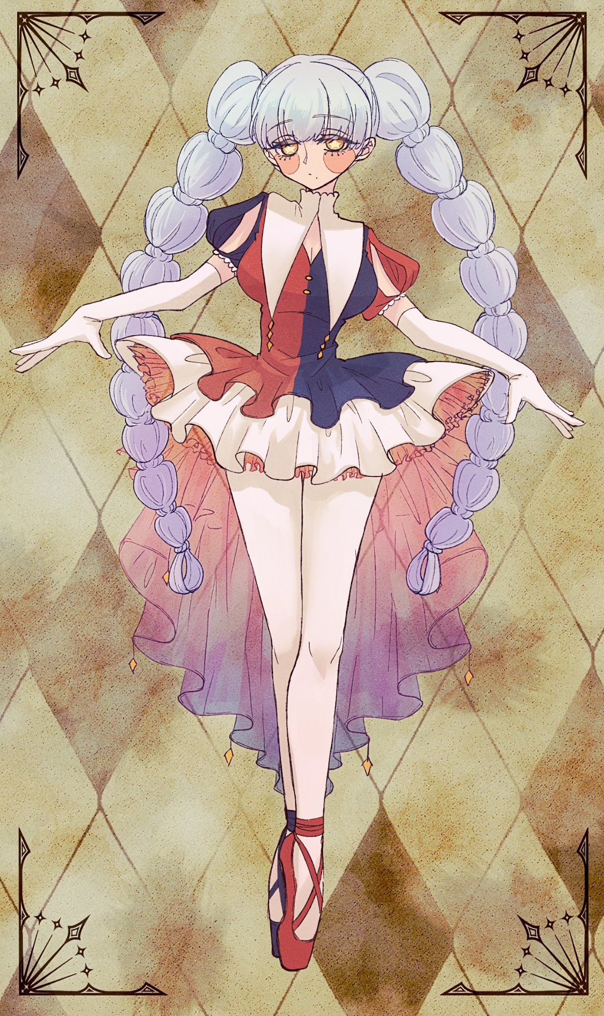 1girl argyle_background ballet_slippers blush_stickers braid breasts cleavage clown dress elbow_gloves en_pointe gloves grey_hair highres large_breasts long_hair mole mole_under_mouth oknomyk original outstretched_arms puffy_short_sleeves puffy_sleeves short_dress short_sleeves star-shaped_pupils star_(symbol) symbol-shaped_pupils twin_braids very_long_hair yellow_eyes