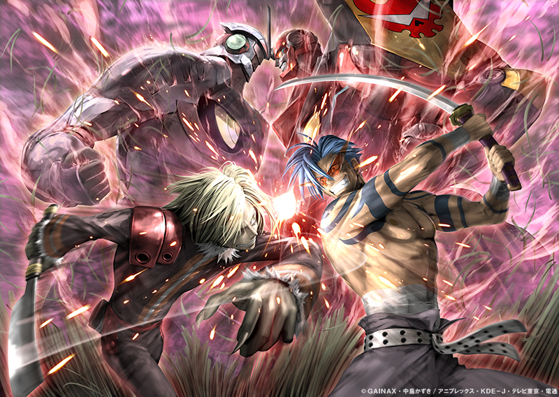 00s 2boys artist_request battle blonde_hair blue_hair claws cleaver enki_(gurren_lagann) epic gainaxtop grin gurren-lagann kamina_(ttgl) kamina_shades male_focus mecha multiple_boys official_art robot short_hair smile sword tattoo tengen_toppa_gurren_lagann topless_male triangle_shades triangular_eyewear viral_(ttgl) watermark weapon web_address