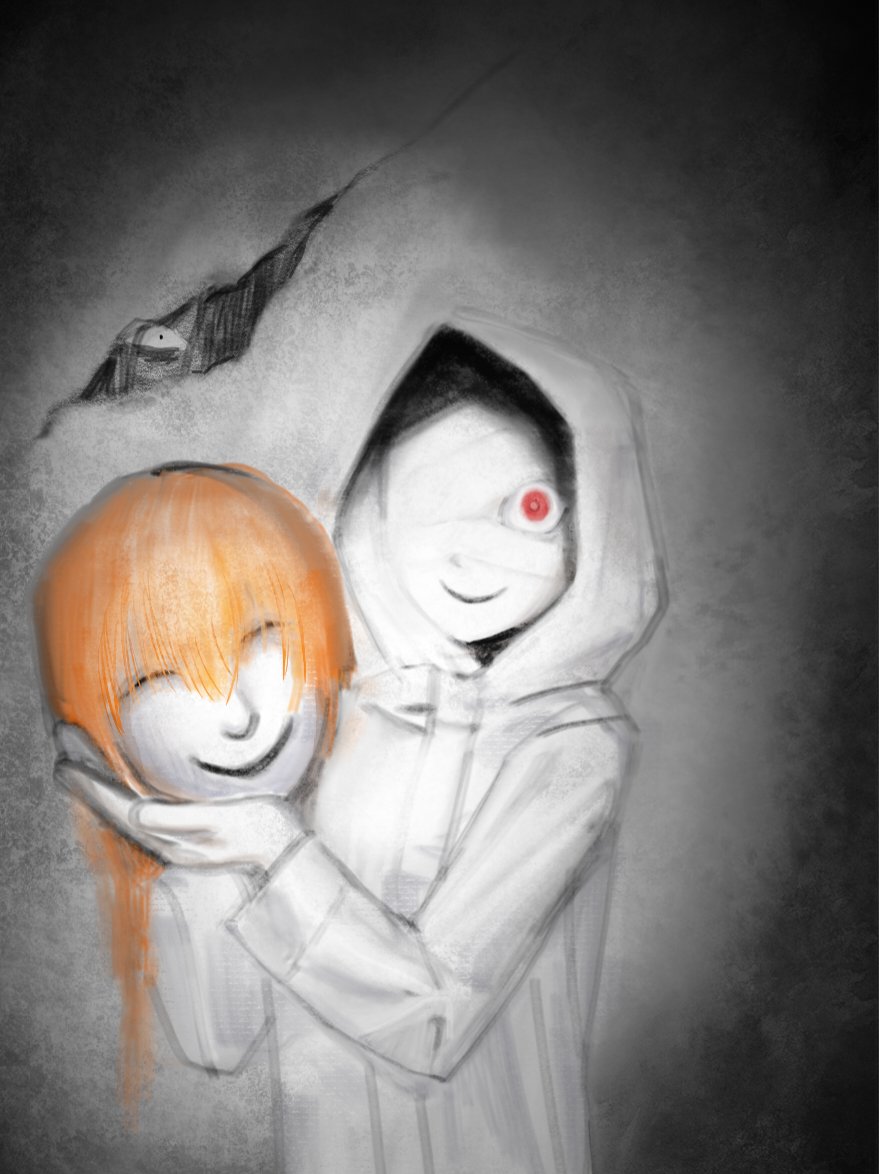 1girl 2boys bandage_over_one_eye black_eyes black_hair burnoutmylif3 grey_background heroine_(homicipher) holding_detached_head hole hole_in_wall homicipher indoors long_hair looking_at_viewer mr._chopped mr._gap multiple_boys orange_hair red_eyes severed_head