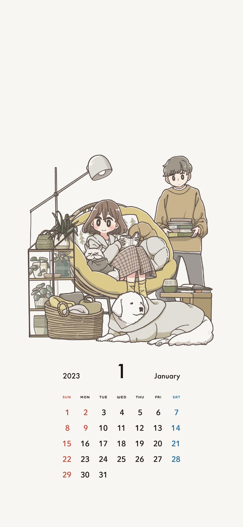1boy 1girl black_eyes blush book book_stack brown_hair chair closed_mouth coffee_table dog east_sha2 highres holding holding_book lamp looking_at_another original shelf short_hair sitting skirt smile table
