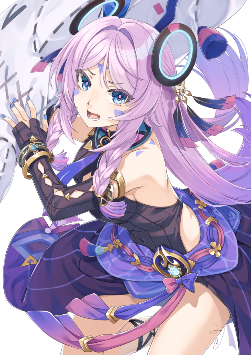 1girl armlet bare_shoulders blue_eyes blue_nails bracelet citlali_(genshin_impact) citlalin_(genshin_impact) detached_sleeves facial_mark fingernails forehead_mark genshin_impact holding jewelry long_hair long_sleeves looking_at_viewer miri_(ago550421) nail_polish open_mouth pink_hair ring_hair_ornament skirt solo thighs very_long_hair
