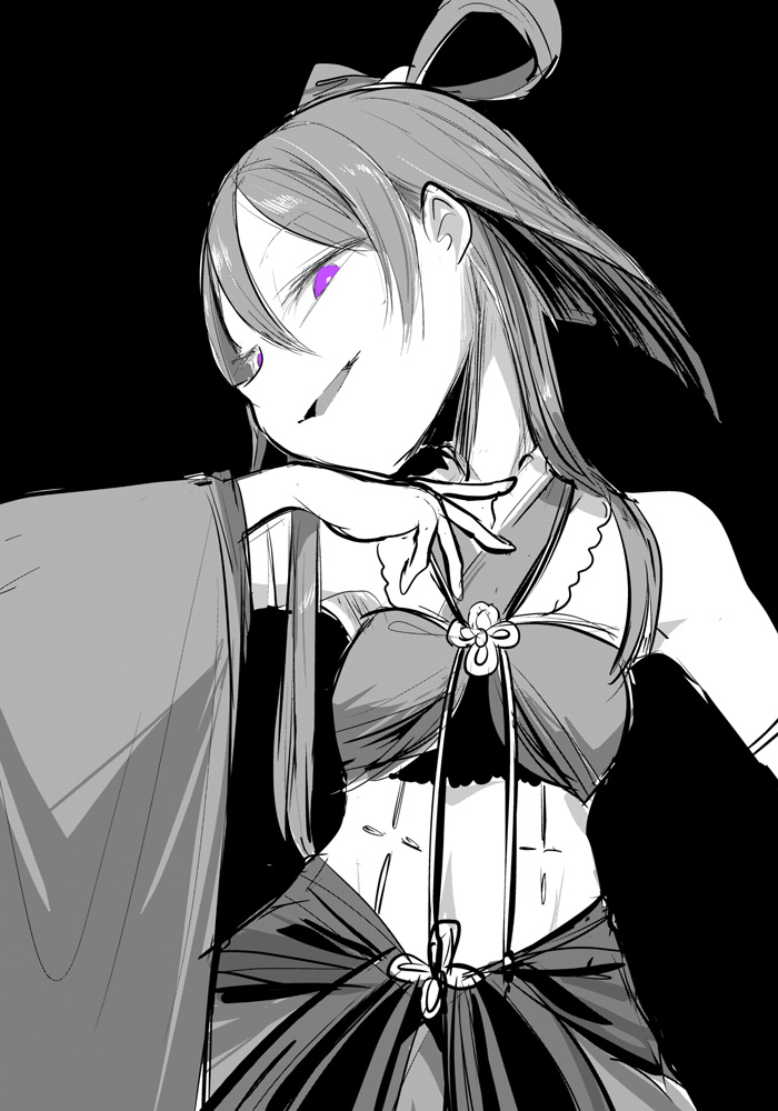 1girl aika_himena bare_shoulders black_background blunt_ends bow-shaped_hair crop_top greyscale hair_between_eyes hand_up head_tilt ken_(koala) long_hair long_sleeves looking_at_viewer magia_record:_mahou_shoujo_madoka_magica_gaiden magical_girl mahou_shoujo_madoka_magica monochrome navel open_mouth purple_eyes sidelocks smile solo spot_color wide_sleeves