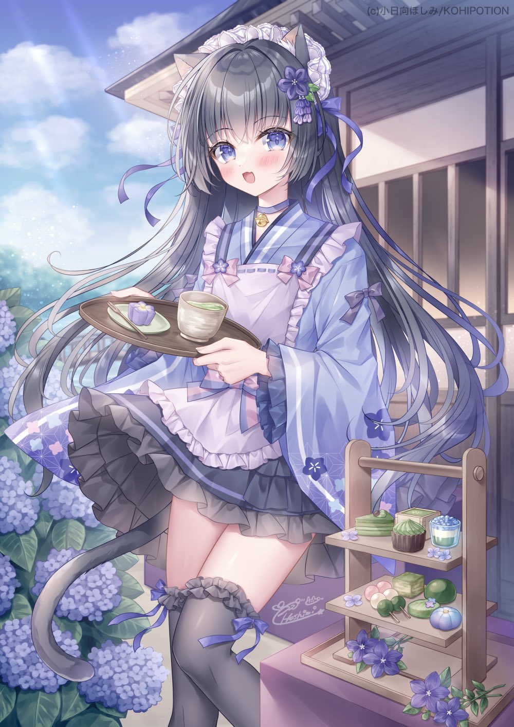 1girl animal_ear_fluff animal_ears apron bell black_apron black_hair black_skirt black_thighhighs blue_dress blue_eyes blush bow breasts cat_ears cat_girl cat_tail choker dress flower food frills hair_between_eyes hair_flower hair_ornament hair_ribbon highres holding holding_tray japanese_clothes kohinata_hoshimi long_hair long_sleeves looking_at_viewer maid maid_apron maid_headdress neck_bell open_mouth original outdoors pastry ribbon skirt smile solo tail tea thighhighs tray very_long_hair wa_maid