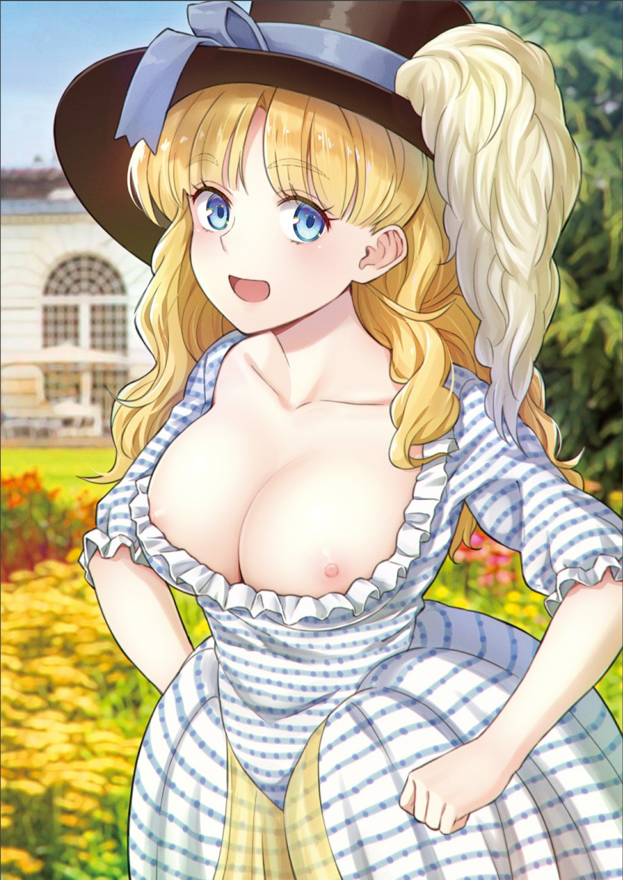 1girl absurdres architecture blonde_hair blue_bow blue_eyes blue_sky blush bow breasts building dress european_architecture european_clothes feathers flower grass hands_on_own_hips hat hat_bow hat_feather highres kanden_sky large_areolae large_breasts nipple_slip nipples open_mouth original outdoors red_flower sky top_hat tree victorian white_dress white_feathers window yellow_flower