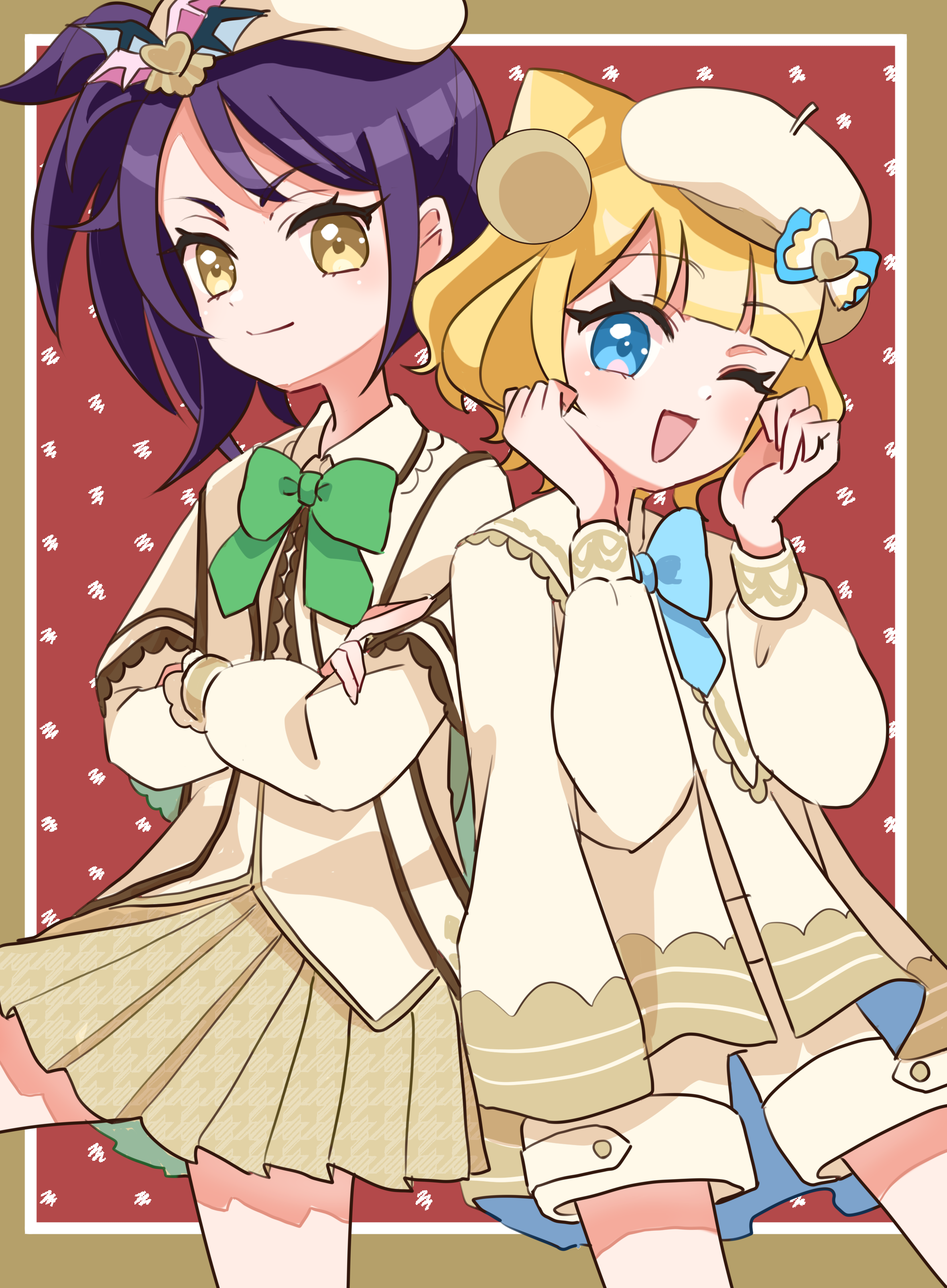 2girls absurdres beret blonde_hair blue_bow blue_bowtie blue_eyes bow bowtie cardigan closed_mouth cowboy_shot crossed_arms green_bow green_bowtie hat highres long_hair long_sleeves looking_at_viewer madori_(1ldkplanet) minami_mirei multiple_girls pleated_skirt pretty_series pripara purple_hair short_hair shorts side_ponytail sidelocks skirt smile toudou_shion yellow_eyes