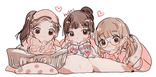 3girls artist_name blonde_hair blunt_bangs brown_hair chibi commentary earrings english_commentary glasses hair_bun hands_on_own_face heart hrd0c irene_(red_velvet) jewelry k-pop looking_at_viewer lowres multiple_girls ponytail real_life red_velvet_(group) seulgi_(red_velvet) under_covers unworn_blindfold wendy_(red_velvet)