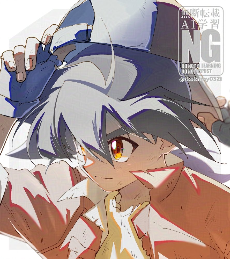 1boy adjusting_clothes adjusting_headwear bakuten_shoot_beyblade beyblade black_hair blue_gloves brown_eyes fingerless_gloves gloves grey_background hat holding jacket kinomiya_takao long_hair male_focus red_hat red_jacket shirt simple_background solo tkoknmy0321 twitter_username upper_body watermark yellow_shirt
