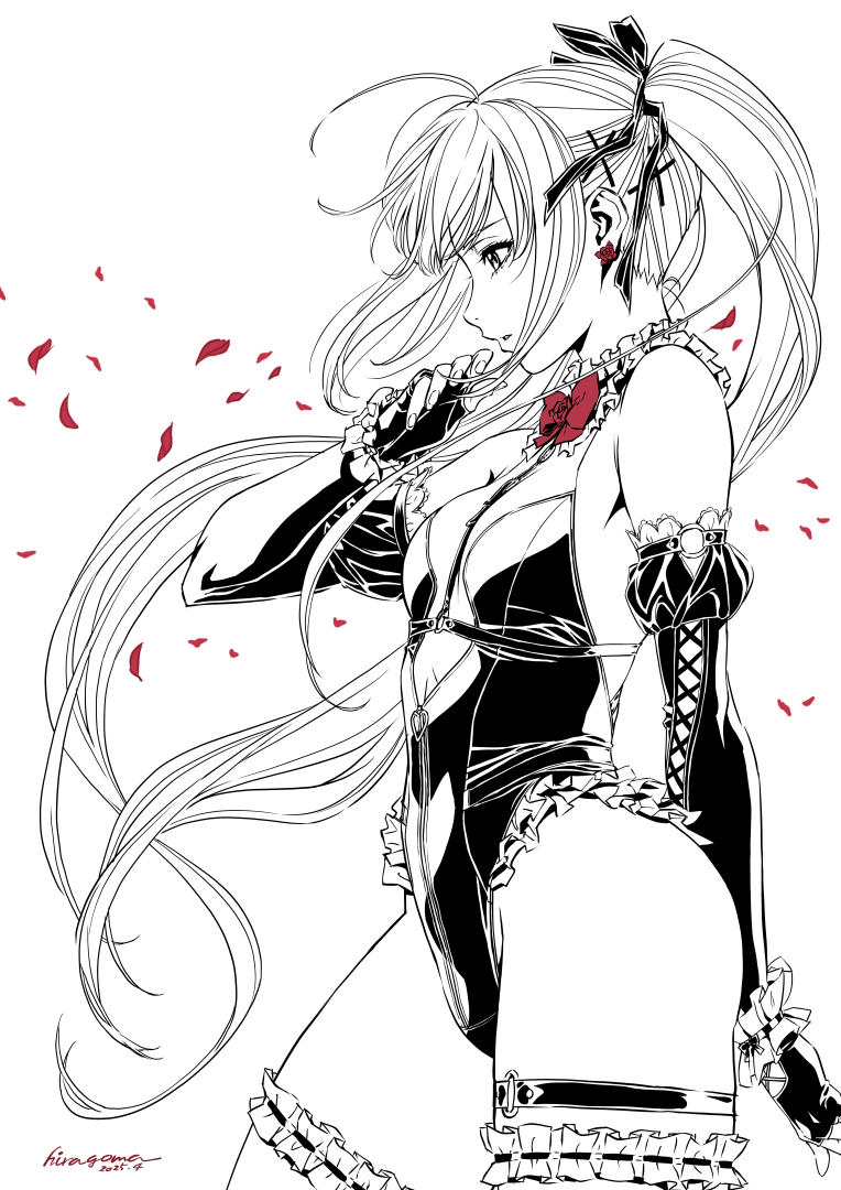 1girl bare_shoulders breasts commentary_request cross_hair_ornament dead_or_alive dead_or_alive_5 elbow_gloves expressionless fingerless_gloves frilled_leotard frilled_thighhighs frills gloves hair_ornament highleg highleg_leotard hiragoma leotard long_hair marie_rose monochrome parted_lips petals profile small_breasts solo spot_color thigh_strap thighhighs twintails very_long_hair