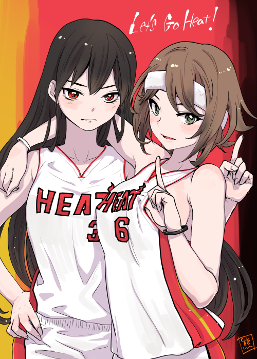 10s 2girls arm_around_neck basketball basketball_uniform black_hair blush breasts brown_hair dwayne_wade green_eyes hand_on_own_hip headband index_finger_raised kantai_collection kuma_(crimsonvanilla) lebron_james long_hair looking_at_viewer miami_heat multiple_girls mutsu_(kancolle) nagato_(kancolle) national_basketball_association pointing red_eyes short_hair sportswear