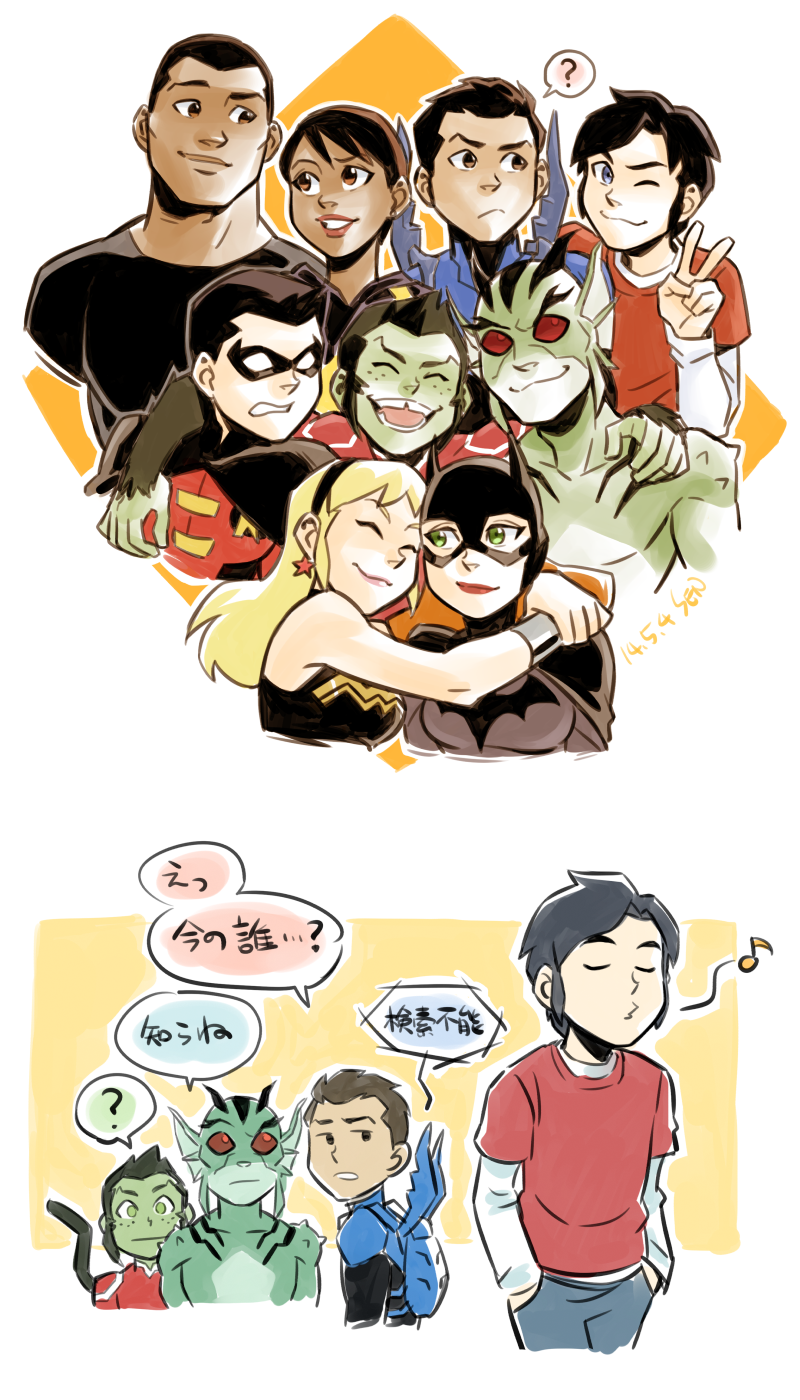 10s 2014 3girls 6+boys :3 :c ;3 ? aquaman_(series) armor artist_name barbara_gordon batgirl batman_(series) beast_boy_(dc) billy_batson black_hair black_shirt blonde_hair blue_beetle brown_eyes brown_hair bumble_bee cape cassandra_sandsmark clenched_teeth closed_eyes closed_mouth colored_skin couple dark_skin dated dc_comics domino_mask earrings emblem eye_contact fins freckles garfield_logan gills green_eyes green_hair green_skin grin hairband hands_in_pockets head_fins highres hug jamie_reyes jewelry karen_beecher lagoon_boy long_hair looking_at_another mal_duncan mask monster_boy multiple_boys multiple_girls one_eye_closed open_mouth orange_hair power_armor raised_eyebrow red_eyes red_shirt robin_(dc) sen_(pixiv111638) shazam shirt short_hair sleeveless smile solid_eyes speech_bubble t-shirt tail teeth tim_drake tooth_gap translation_request v vambraces whistle wink wonder_girl wonder_woman_(series) young_justice:_invasion