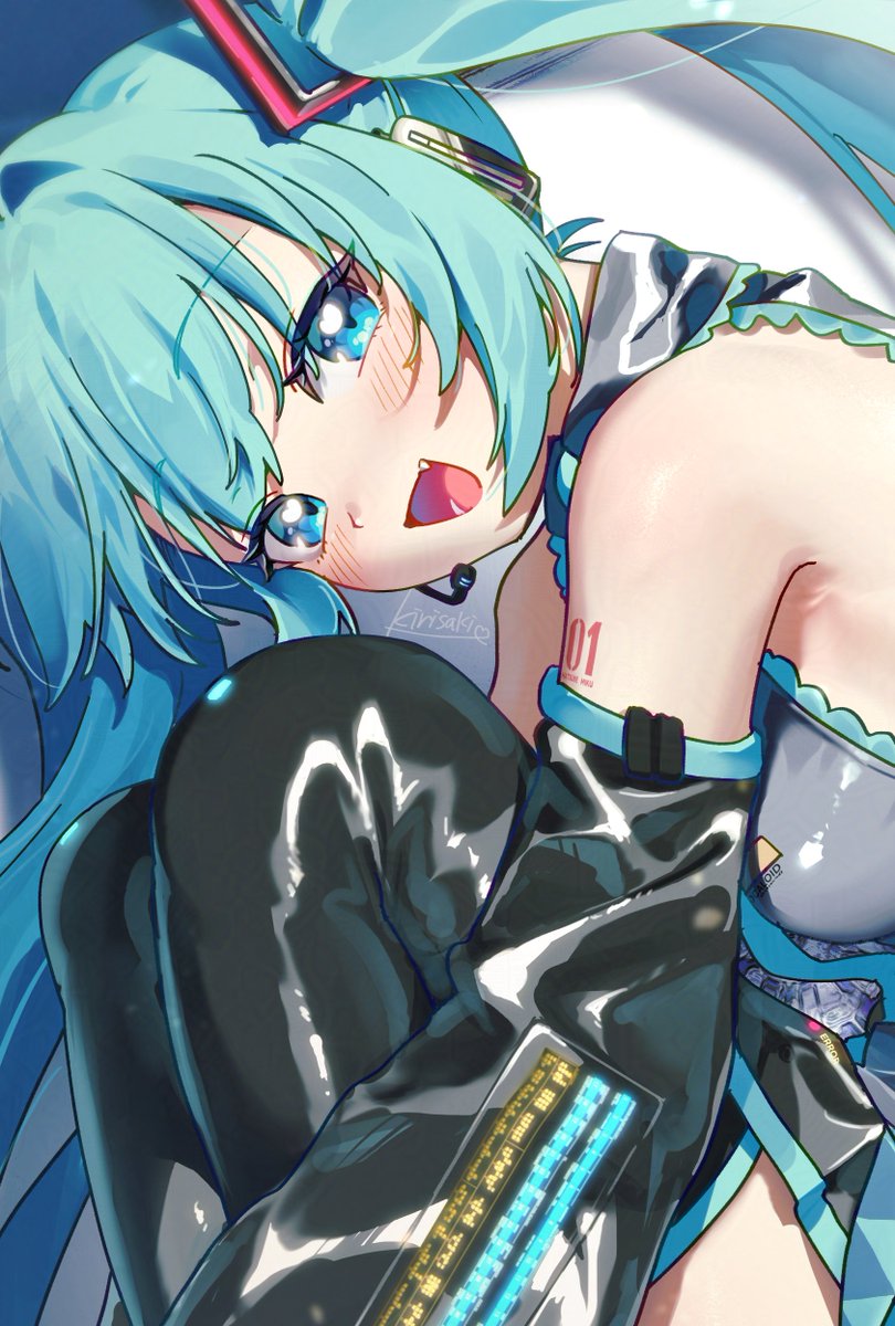 1girl aqua_eyes aqua_hair bare_shoulders black_boots black_skirt boots commentary detached_sleeves from_side grey_shirt hatsune_miku headset highres hugging_own_legs kirisaki_shuusei long_hair looking_at_viewer open_mouth shirt shoulder_tattoo skirt sleeveless sleeveless_shirt solo symbol-only_commentary tattoo thigh_boots vocaloid