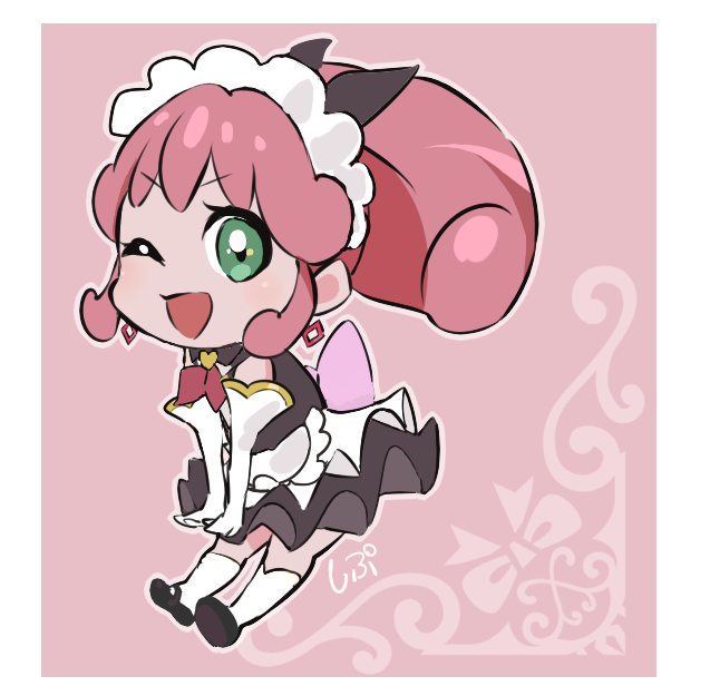 1girl adapted_costume alternate_costume apron back_bow black_bow black_collar black_shoes black_skirt black_vest border bow brooch chibi collar cure_mirage curly_hair detached_collar diamond_earrings earrings elbow_gloves enmaided eyelashes gloves green_eyes hair_bow hands_on_lap happinesscharge_precure! happy heart heart_brooch jewelry kneehighs light_blush looking_at_viewer maid maid_headdress mary_janes miniskirt neckerchief one_eye_closed open_mouth outline pink_background pink_bow pleated_skirt ponytail precure red_hair red_neckerchief shipu_(gassyumaron) shoes short_hair signature skirt smile socks solo tareme two-tone_skirt v-shaped_eyebrows vest waist_apron white_apron white_border white_gloves white_outline white_skirt white_socks