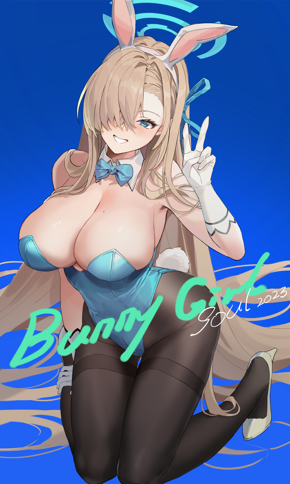 1girl animal_ears asuna_(blue_archive) asuna_(bunny)_(blue_archive) asymmetrical_bangs asymmetrical_hair bare_shoulders black_pantyhose blonde_hair blue_archive blue_background blue_bow blue_bowtie blue_eyes blue_leotard blue_ribbon bow bowtie breasts cleavage collar commentary_request detached_collar fake_animal_ears fake_tail gloves hair_over_one_eye hair_ribbon halo high_heels highres huge_breasts kneeling leotard long_hair looking_at_viewer miyazakisoul mole mole_on_breast pantyhose playboy_bunny rabbit_tail ribbon sidelocks smile stiletto_heels tail v very_long_hair white_collar white_footwear white_gloves