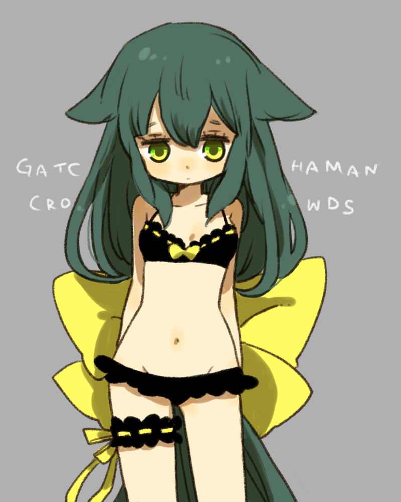 10s 1girl arms_behind_back bare_shoulders bikini black_bikini bow brown_hair copyright_name female_focus frilled_bikini frilled_thigh_strap frills gatchaman_crowds groin hair_bow large_bow long_hair miya_utsutsu navel ribbon solo swimsuit thigh_strap very_long_hair yellow_eyes yukke