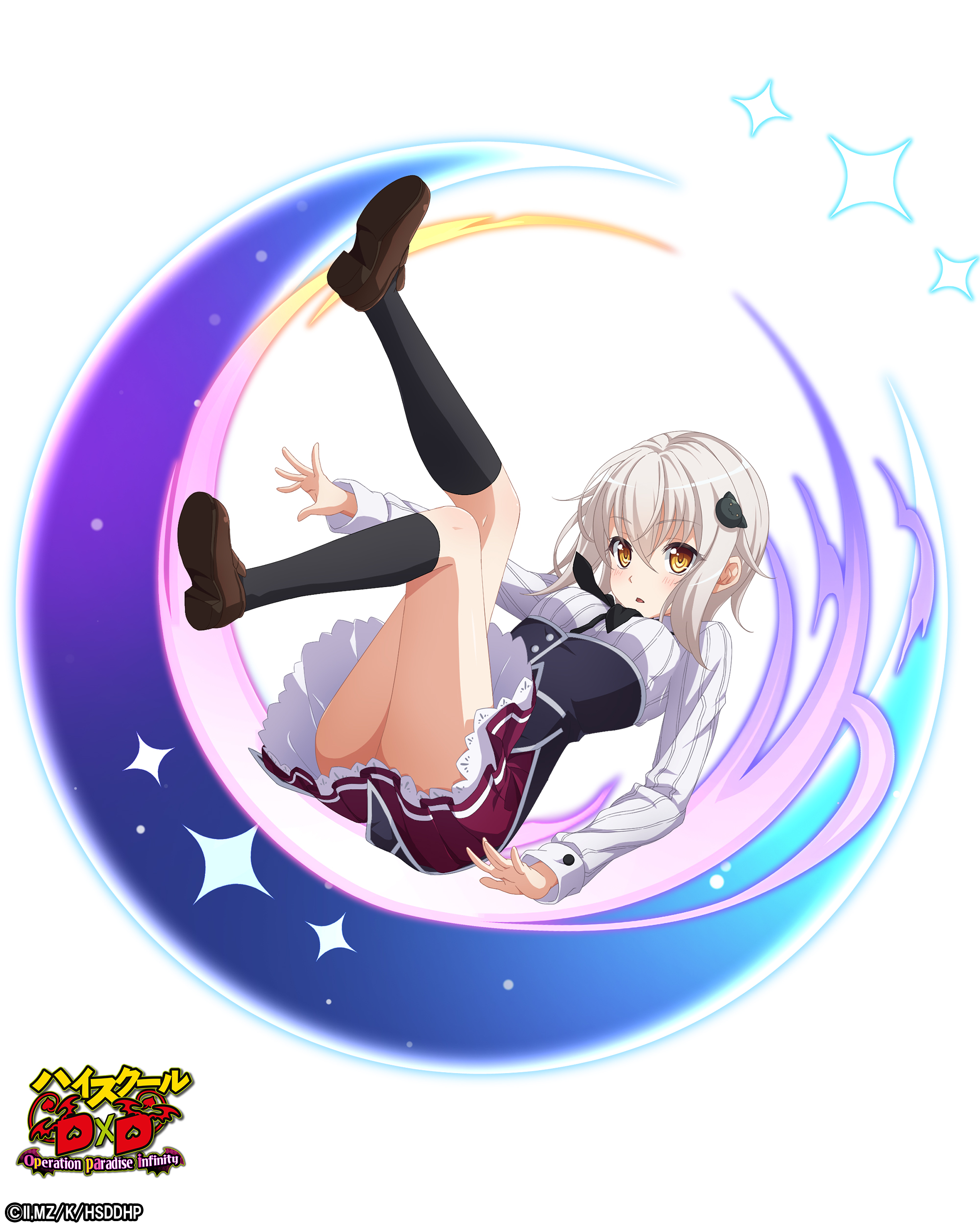 1girl :o absurdres black_corset black_ribbon black_socks blush brown_shoes cat_hair_ornament copyright_name copyright_notice corset frilled_skirt frills full_body hair_ornament high_school_dxd high_school_dxd_operation_paradise_infinity highres kneehighs kuoh_academy_school_uniform legs_up long_sleeves looking_at_viewer medium_hair miniskirt neck_ribbon official_art pleated_skirt purple_skirt ribbon school_uniform shirt shoes skirt socks solo thighs toujou_koneko white_hair white_shirt yellow_eyes