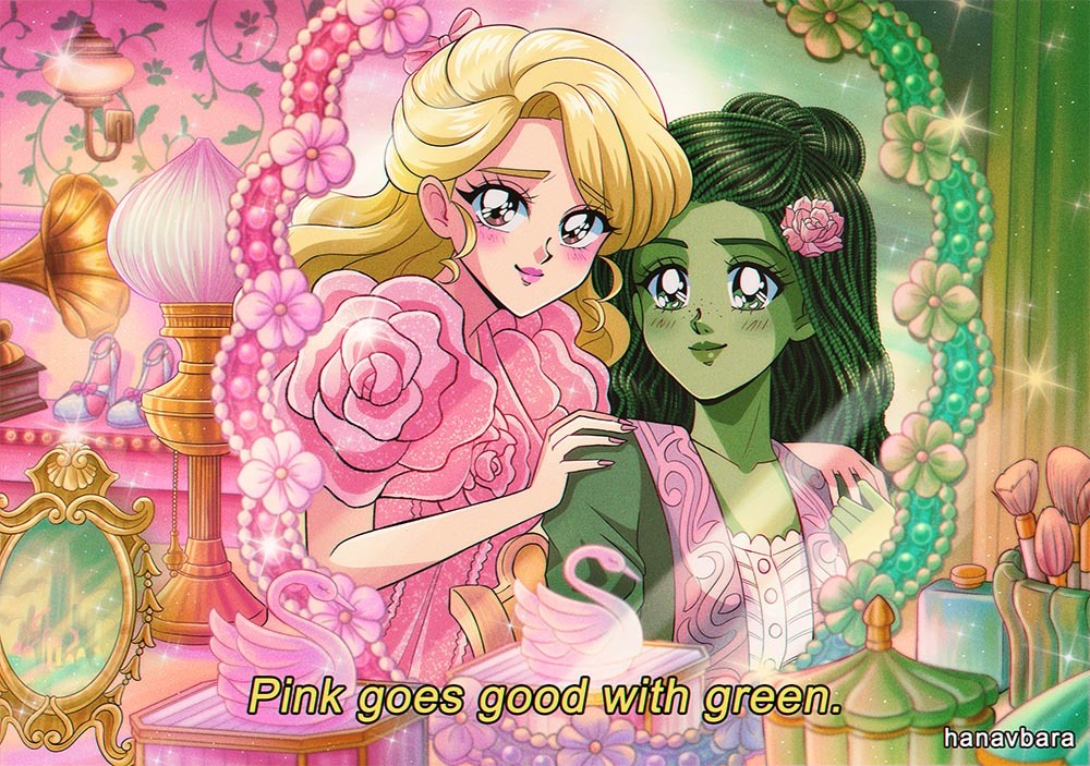 1990s_(style) 2girls artist_name blonde_hair braid colored_skin commentary dress elphaba_thropp flower good_witch_of_the_north green_dress green_eyes green_hair green_lips green_skin hair_flower hair_ornament hanavbara hands_on_another&#039;s_shoulders makeup_brush mirror multiple_girls phonograph pink_dress pink_flower pink_lips pink_nails pink_rose reflection reflection_focus retro_artstyle rose subtitled wicked