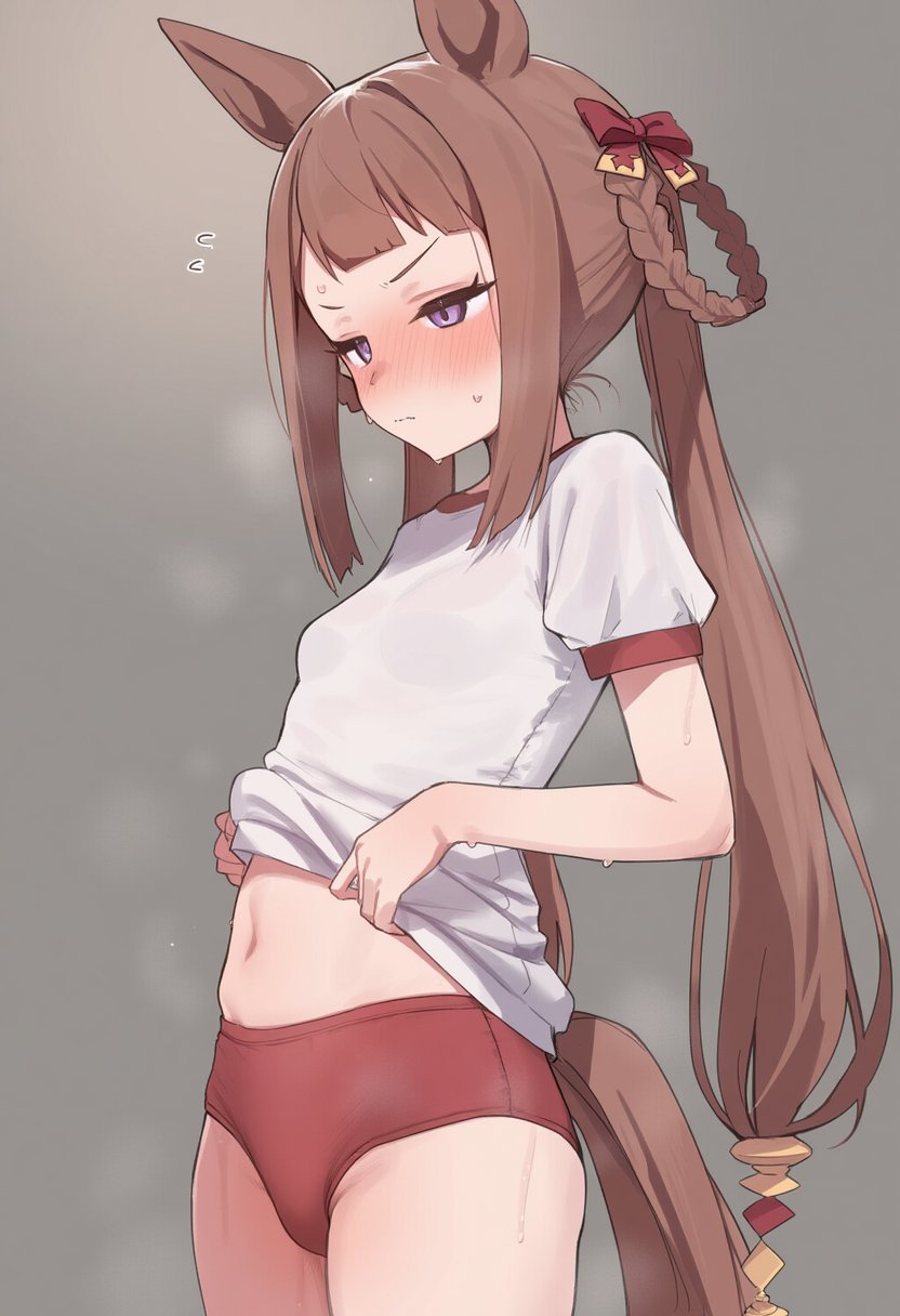 1girl ai-generated animal_ears artist_request bloomers blush bow braid breasts brown_hair brown_tail closed_mouth clothes_lift embarrassed female_focus flat_chest hair_bow hair_ribbon highres horse_ears horse_girl horse_tail legs_up long_hair midriff navel no_bra no_panties purple_eyes red_bloomers red_bow red_ribbon ribbon shirt shirt_lift short_sleeves small_breasts solo solo_focus sportswear stomach sweat sweatdrop sweep_tosho_(umamusume) tail thighs twintails umamusume underwear very_long_hair wet wet_clothes wet_shirt white_shirt