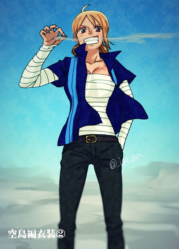 1girl bandages belt black_pants blood blood_on_face blue_background blue_shirt cigarette commentary_request cosplay cowboy_shot hand_in_pocket holding holding_cigarette kuri_(pienu) looking_at_viewer nami_(one_piece) one_piece orange_hair pants sanji_(one_piece) sanji_(one_piece)_(cosplay) shirt short_hair smile solo