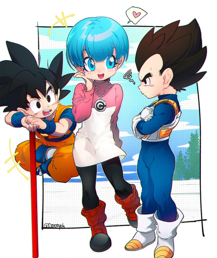+++ 1girl 2boys ankle_boots annoyed arm_at_side armor black_eyes black_hair black_leggings blue_bodysuit blue_eyes blue_hair blue_sky blue_undershirt blunt_ends bodysuit boots border bulma capsule_corp center-flap_bangs child cloud cloudy_sky contrapposto crossed_arms cupping_hand day dougi dragon_ball dragon_ball_daima dragonball_z dress earrings frown gloves hand_on_own_cheek hand_on_own_face hand_up head_rest heart indian_style jewelry kami&#039;s_lookout laughing leaning_on_object leather leather_boots leggings long_sleeves multiple_boys necklace ommmyoh open_mouth orange_pants outdoors outside_border pants pink_dress profile red_footwear ruyi_jingu_bang saiyan_armor serious short_hair short_sleeves sitting sky son_goku speech_bubble spiked_hair spoken_heart squiggle standing standing_on_one_leg straight_hair teeth tree twitter_username two-tone_dress undershirt vegeta velcro_footwear very_short_hair white_border white_dress white_footwear white_gloves wristband