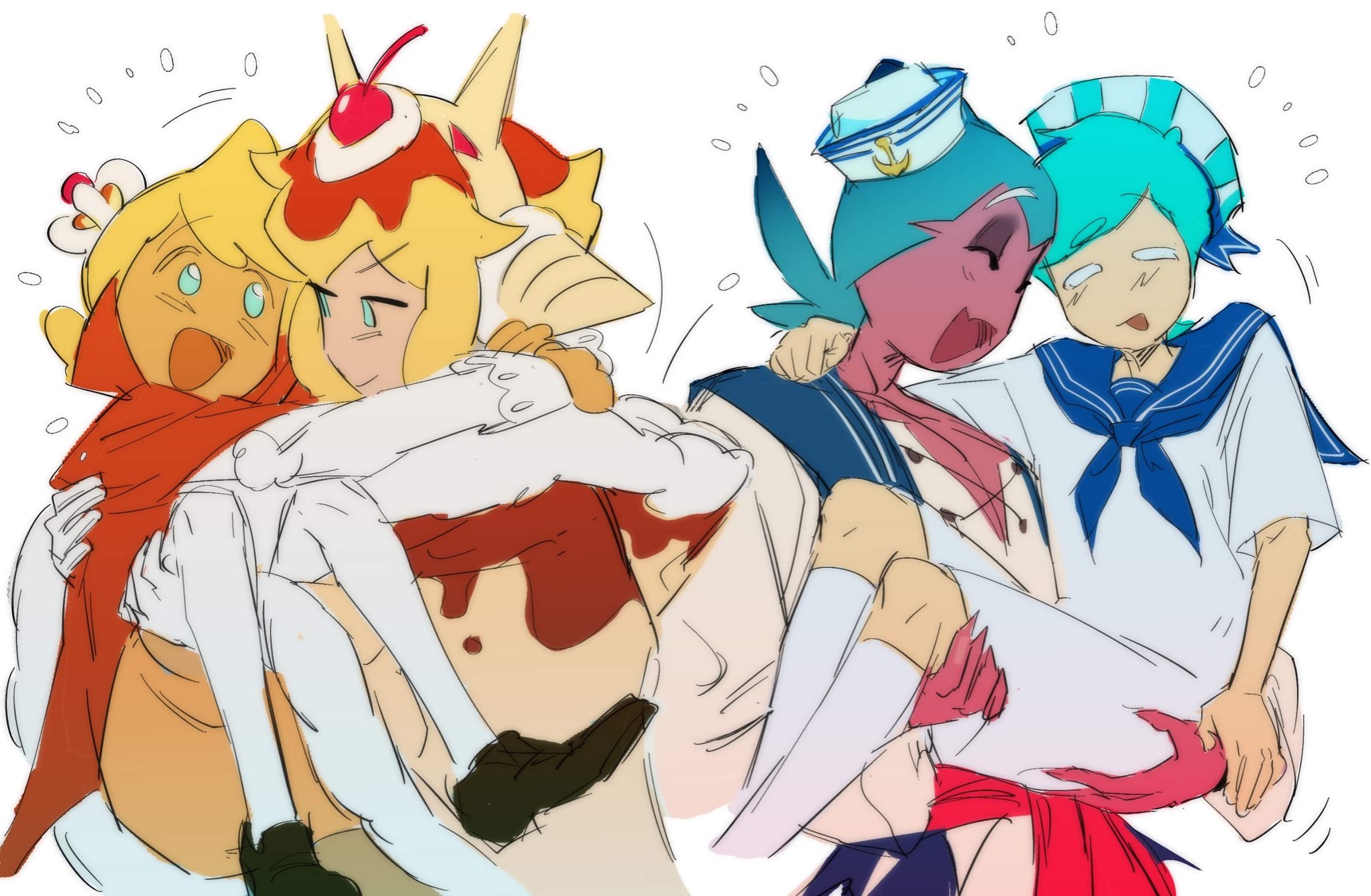 4boys alternate_costume anchor_symbol aqua_eyes aqua_hair arm_on_another&#039;s_shoulder arms_around_another&#039;s_neck arms_around_neck bandana bandana_around_waist bell_sleeves black_footwear blonde_hair blouse blue_eyes blue_hair blue_hat blue_sailor_collar boater_hat bridal_style brown_cape cape carrying carrying_person cherry_hair_ornament closed_eyes closed_mouth collarbone colored_skin cookie_run cowboy_shot crown custard_cookie_iii cyan_eyes earmuffs fangs fin fingernails flying_sweatdrops food-themed_hair_ornament food-themed_hat fur-trimmed_cape fur_trim furrowed_brow gloves gold gradient_hair hair_ornament half-closed_eyes hat high_collar highres holding hug humanization lace-up_top long_sleeves looking_at_another looking_to_the_side male_focus multicolored_hair multiple_boys official_alternate_costume open_mouth orange_cape pale_skin pants parted_bangs peppermint_cookie personification pink_skin poncho princess_carry raised_eyebrow red_bandana red_hair red_sash ribbon_hat ribbon_trim sailor_collar sailor_hat sailor_uniform sash shark_boy shark_fin sharp_fingernails shell shirt shoes short_hair short_sleeves shorts sidelocks simple_background skin_fangs smile smug sorbet_shark_cookie split_bangs strawberry_crepe_cookie striped_clothes striped_hat tagme thighhighs two-tone_cape two-tone_hair two-tone_hat vest white_background white_gloves white_hat white_shirt white_shorts white_stripe white_thighhighs white_vest yaoi yellow_cape yellow_crown yellow_shorts