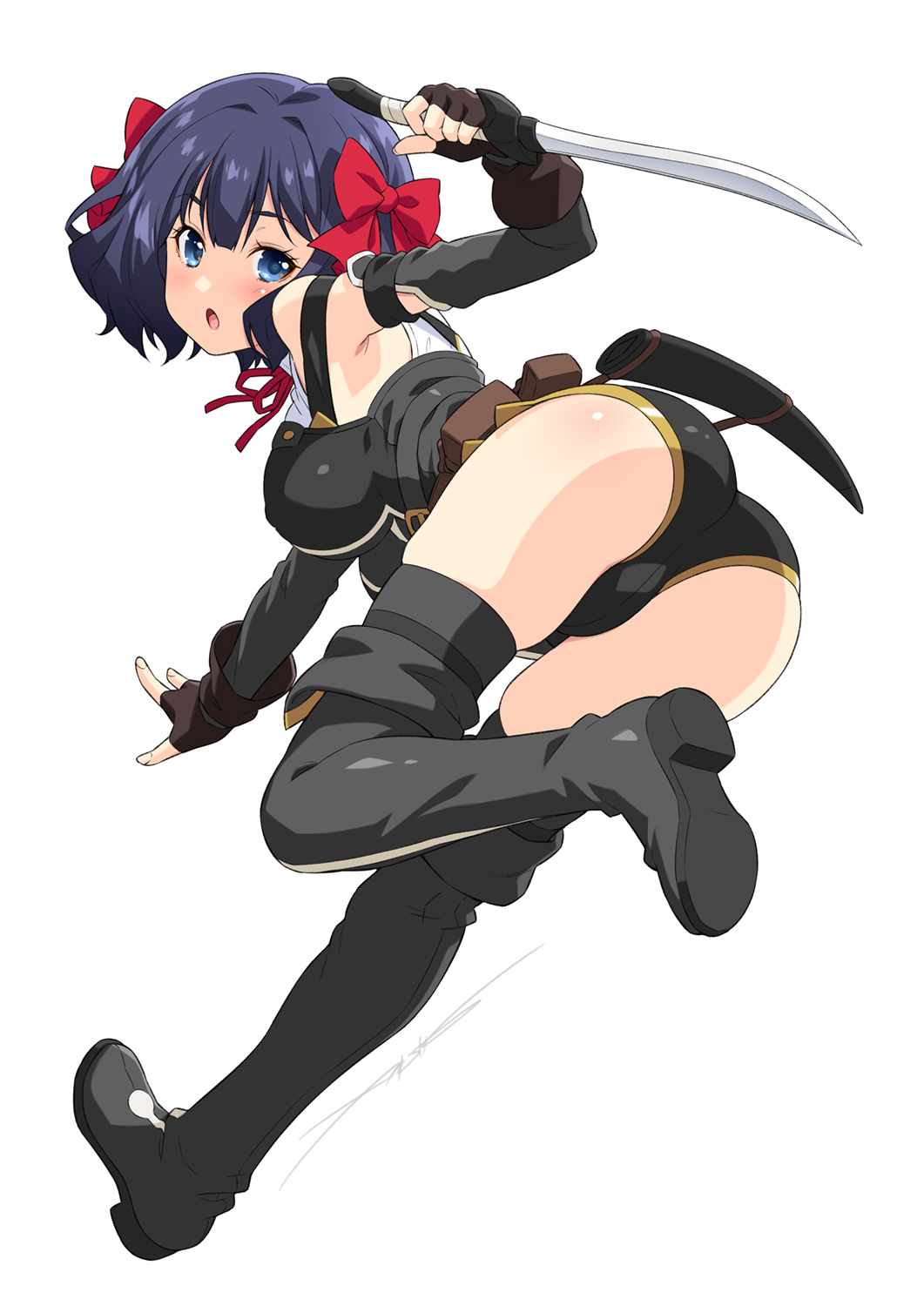 1girl armpits ass ass_focus belt_pouch black_boots black_hair black_romper blue_eyes blush boots breasts brown_gloves dagger detached_sleeves eyebrows_hidden_by_hair fingerless_gloves full_body gloves highres holding holding_dagger holding_knife holding_weapon jumping kazuma_muramasa knife large_breasts looking_at_viewer looking_back motion_lines nageki_no_bourei_wa_intaishitai open_mouth pouch scabbard sheath short_hair simple_background solo standing standing_on_one_leg thigh_boots tino_shade weapon white_background