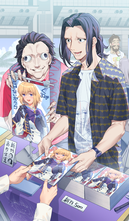 1girl 1other 3boys ambiguous_gender artoria_caster_(fate) artoria_caster_(fate)_(cosplay) artoria_caster_(second_ascension)_(fate) artoria_pendragon_(fate) beard black_eyes black_facial_hair black_hair black_shirt blush_stickers book book_stack braid bulging_eyes closed_eyes closed_mouth commentary_request convention cosplay curtained_hair dual_persona edward_teach_(fate) facial_hair fate/grand_order fate_(series) fingernails gilles_de_rais_(caster)_(fate) gilles_de_rais_(fate) gilles_de_rais_(saber)_(fate) grin holding holding_book index_finger_raised jacket jeanne_d&#039;arc_(fate) lapels long_sleeves low_ponytail lower_teeth_only male_focus manga_(object) medea_(fate) medium_hair multiple_boys mustache no_eyebrows noko_morokoshi notched_lapels official_alternate_costume official_art open_clothes open_mouth open_shirt otaku palm_tree pointy_ears ponytail purple_hair red_shirt sharp_fingernails shirt shirt_under_shirt short_hair short_sleeves smile standing t-shirt table teeth third-party_source tied_beard towel towel_around_neck translation_request tree upper_body wall-eyed watch white_jacket white_shirt wristwatch