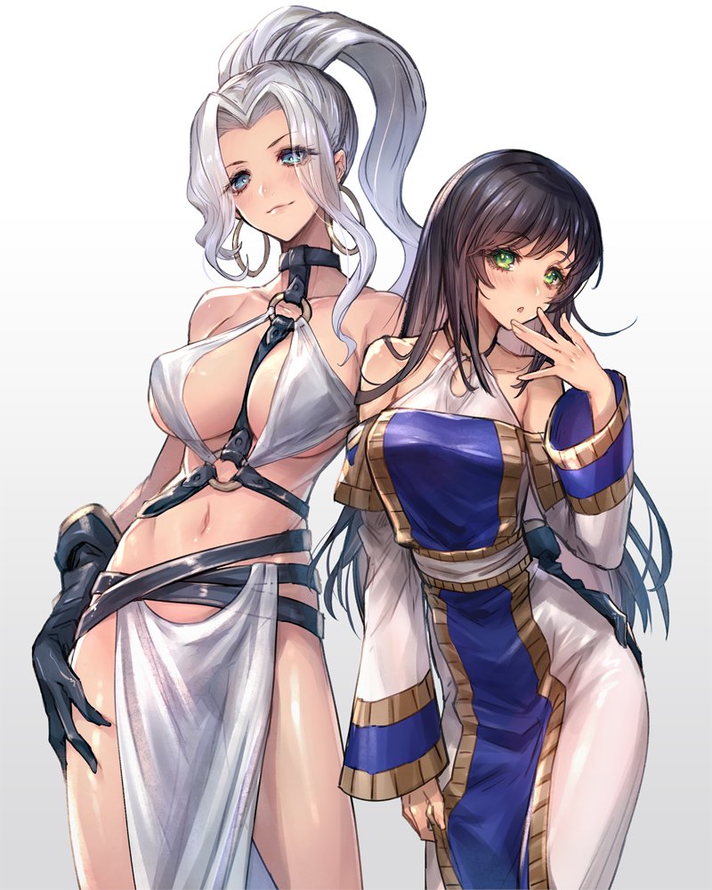 2girls bare_shoulders black_hair blue_eyes breasts cleavage closed_mouth detached_sleeves dress earrings gensou_suikoden gensou_suikoden_v gloves green_eyes grey_hair high_ponytail jeane_(suikoden) jewelry large_breasts long_hair long_sleeves looking_at_viewer medium_breasts multiple_girls navel oro_(sumakaita) ponytail revealing_clothes simple_background smile viki_(suikoden) white_background