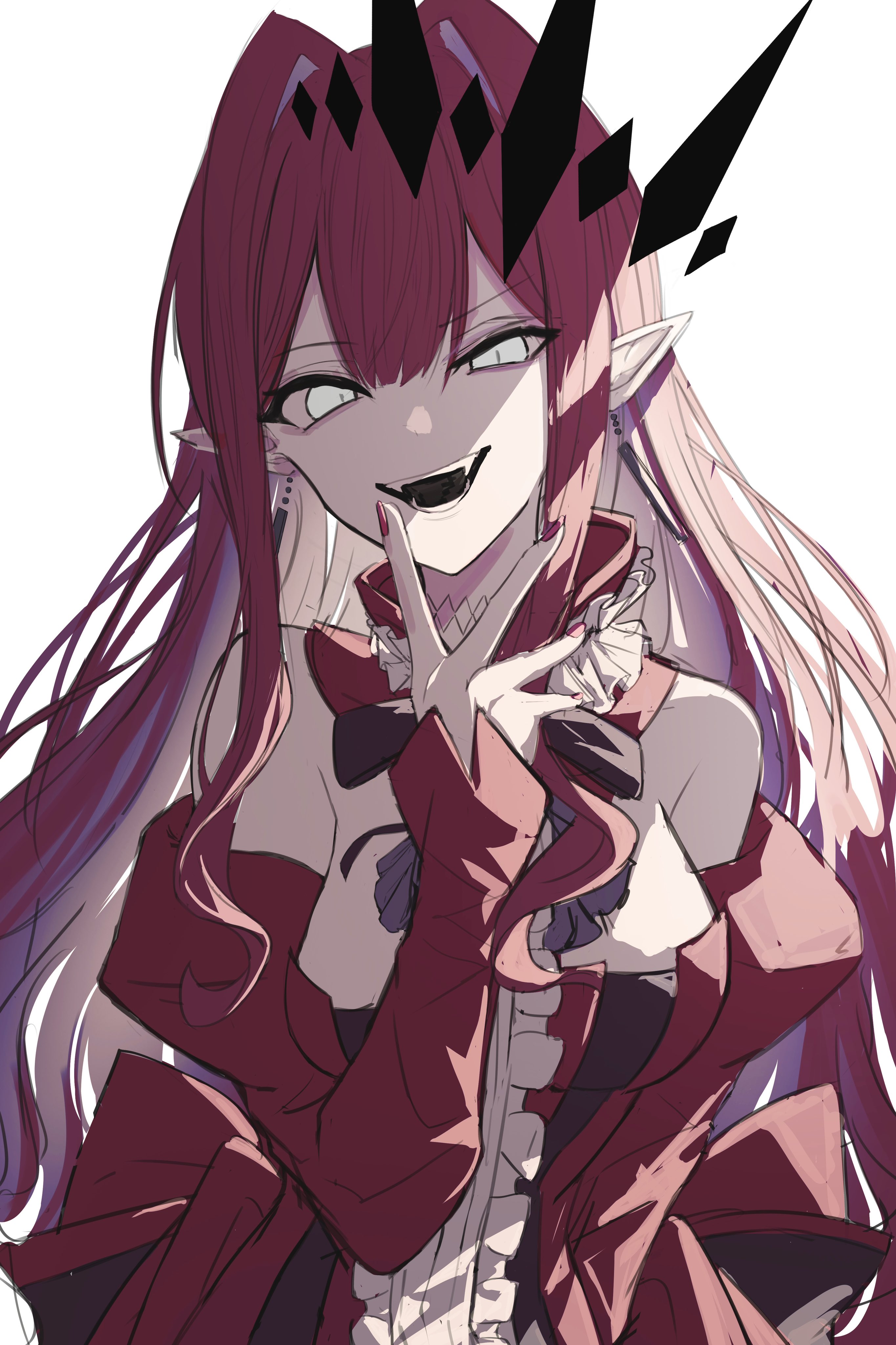 1girl absurdres ascot baobhan_sith_(fate) baobhan_sith_(first_ascension)_(fate) bare_shoulders breasts center_frills commentary crazy_eyes detached_collar detached_sleeves dress earrings fangs fate/grand_order fate_(series) finger_to_mouth frills grey_ascot grey_eyes hair_ornament highres jewelry large_breasts long_hair looking_at_viewer open_mouth pink_hair pointy_ears red_dress red_nails red_sleeves sidelocks smile solo tiara upper_body yagi_(yagi5art)