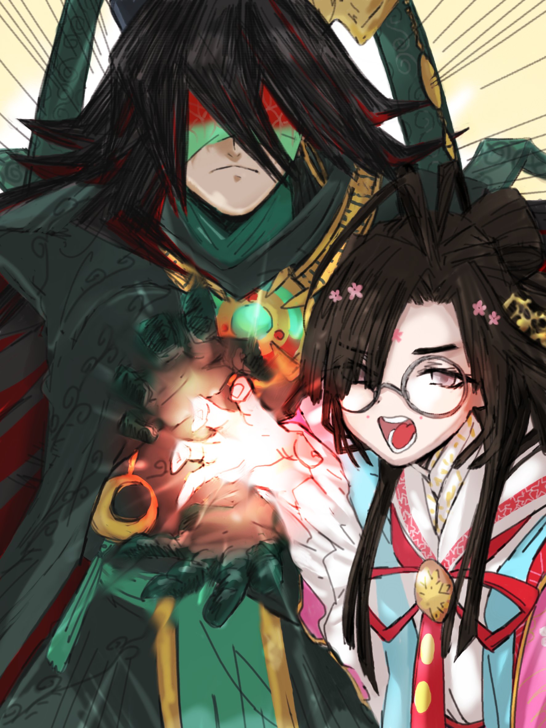 1boy 1girl ahoge black_hair blindfold brown_hair dragon_ball dragonball_z fate/grand_order fate_(series) father-son_kamehameha glasses hair_over_one_eye highres japanese_clothes kamehameha_(dragon_ball) kimono long_hair ono_no_komachi_(fate) ono_no_takamura_(fate) parody pink_kimono popopo0000001 purple_eyes