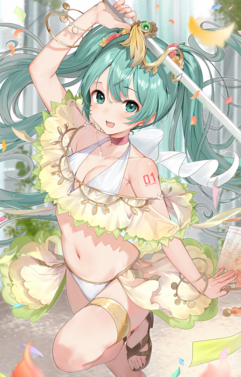 1girl alternate_costume aqua_eyes breasts haru_(nakajou-28) hatsune_miku highres holding holding_sword holding_weapon long_hair looking_at_viewer navel number_tattoo open_mouth sandals small_breasts smile solo standing standing_on_one_leg swimsuit sword tattoo twintails very_long_hair vocaloid weapon