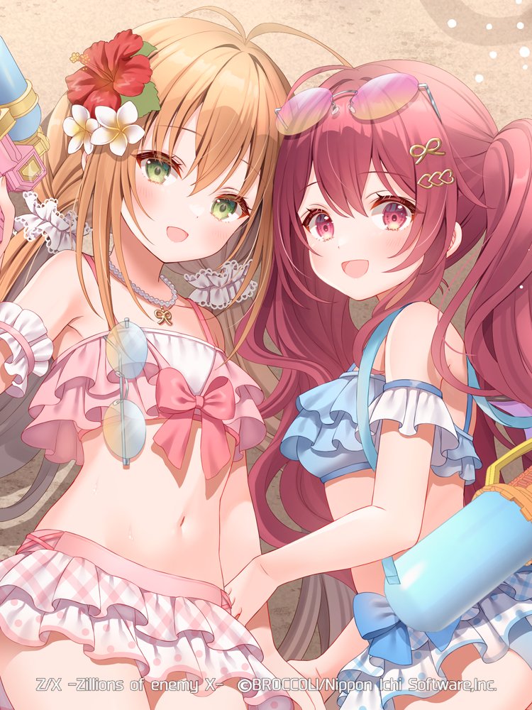 2girls :d bikini blonde_hair blue_bikini blush breasts character_request eyewear_hang eyewear_on_head flower gradient-tinted_eyewear green_eyes hair_between_eyes hair_flower hair_ornament heart hibiscus holding_another&#039;s_arm long_hair looking_at_viewer lying medium_breasts multicolor-tinted_eyewear multiple_girls nei_(z/x) on_side open_mouth pink_bikini plumeria red_eyes red_flower red_hair serino_itsuki smile swimsuit tinted_eyewear turning_head twintails two-tone_eyewear unworn_eyewear water_gun white_flower z/x