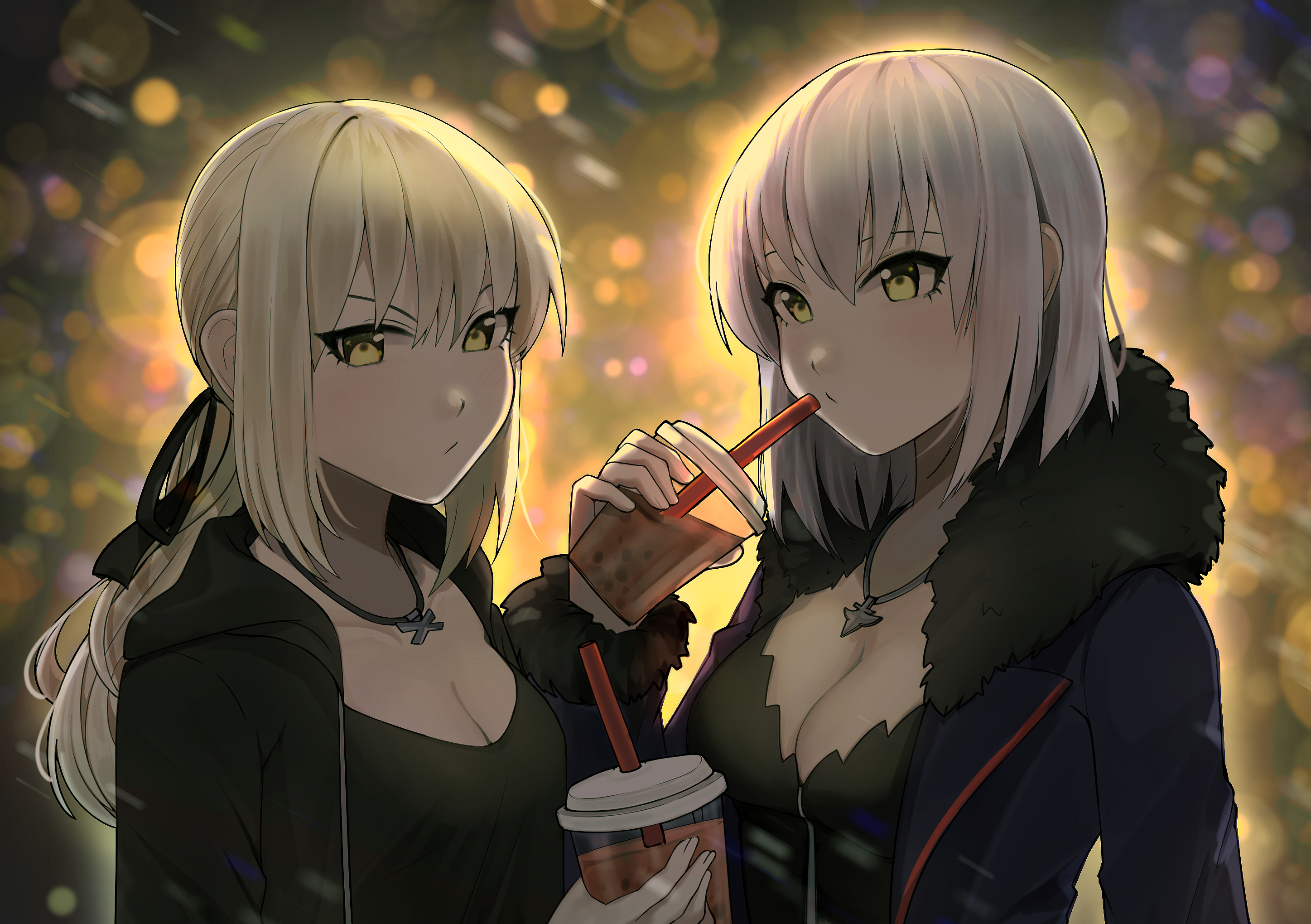 2girls alternate_hairstyle artoria_pendragon_(fate) backlighting black_dress black_ribbon blonde_hair blue_coat blurry blurry_background blush breasts bubble_tea cleavage coat cup disposable_cup dress drinking_straw fate/grand_order fate_(series) fur_trim hair_ribbon highres hood hood_down hoodie jeanne_d'arc_(fate) jeanne_d'arc_alter_(avenger)_(fate) jeanne_d'arc_alter_(fate) jeanne_d'arc_alter_(ver._shinjuku_1999)_(fate) jewelry kumaartsu low_ponytail medium_breasts medium_hair multiple_girls necklace night official_alternate_costume open_clothes open_coat open_hoodie pixiv_fate/grand_order_contest_1 ponytail ribbon saber_alter saber_alter_(ver._shinjuku_1999) saber_alter_(ver._shinjuku_1999)_(fate) short_hair silver_hair standing upper_body wicked_dragon_witch_ver._shinjuku_1999 yellow_eyes