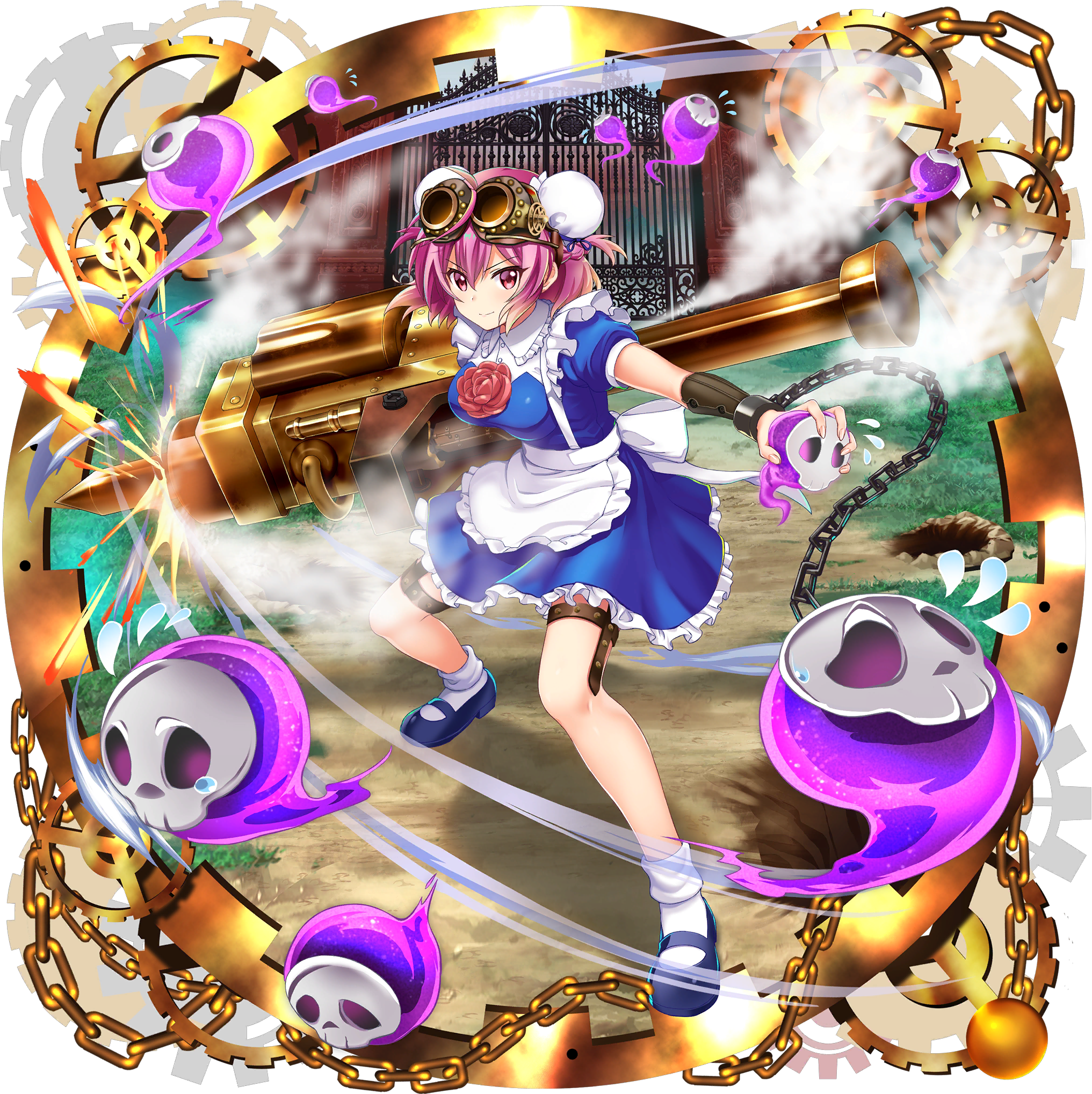 1girl alternate_costume apron bandaged_arm bandages blue_dress blue_shoes breasts bun_cover chain closed_eyes cuffs double_bun dress enmaided fighting_stance flower flying_sweatdrops frilled_dress frills game_cg gate gears ghost goggles goggles_on_head hair_bun highres holding holding_weapon ibaraki_kasen ibaraki_kasen_(hermit_housework_maid) large_breasts looking_at_viewer maid maid_apron mary_janes official_art outdoors pile_bunker pink_eyes pink_flower pink_hair pink_rose puffy_short_sleeves puffy_sleeves rose rotte_(1109) shackles shoes short_sleeves smile socks solo steam steampunk thigh_strap third-party_source touhou touhou_lostword transparent_background waist_apron weapon white_apron white_socks