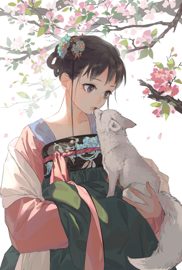 1girl animal black_eyes black_hair brown_hair flower fox hair_bun hair_flower hair_ornament hanfu kiss kissing_animal loli_bushi long_sleeves looking_at_animal looking_down original petals qixiong_ruqun ruqun short_hair single_hair_bun solo upper_body white_background wide_sleeves