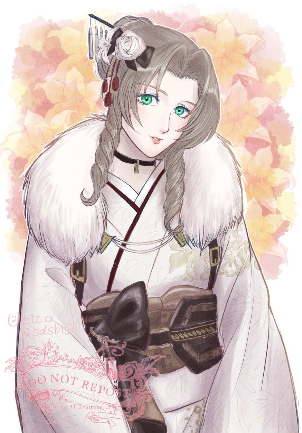 1girl aerith_gainsborough aerith_gainsborough_(festive_crimson_attire) artist_name border brown_hair final_fantasy final_fantasy_vii final_fantasy_vii_ever_crisis floral_background floral_print floral_print_kimono flower fur-trimmed_kimono fur_trim furisode gold_trim green_eyes hair_bun hair_flower hair_ornament hair_stick highres japanese_clothes kimono long_hair looking_at_viewer official_alternate_costume official_alternate_hairstyle parted_bangs parted_lips pendant_choker portrait print_kimono rose sdsbtfl sidelocks smile solo tassel tassel_hair_ornament twitter_username updo upper_body white_border white_flower white_kimono white_rose