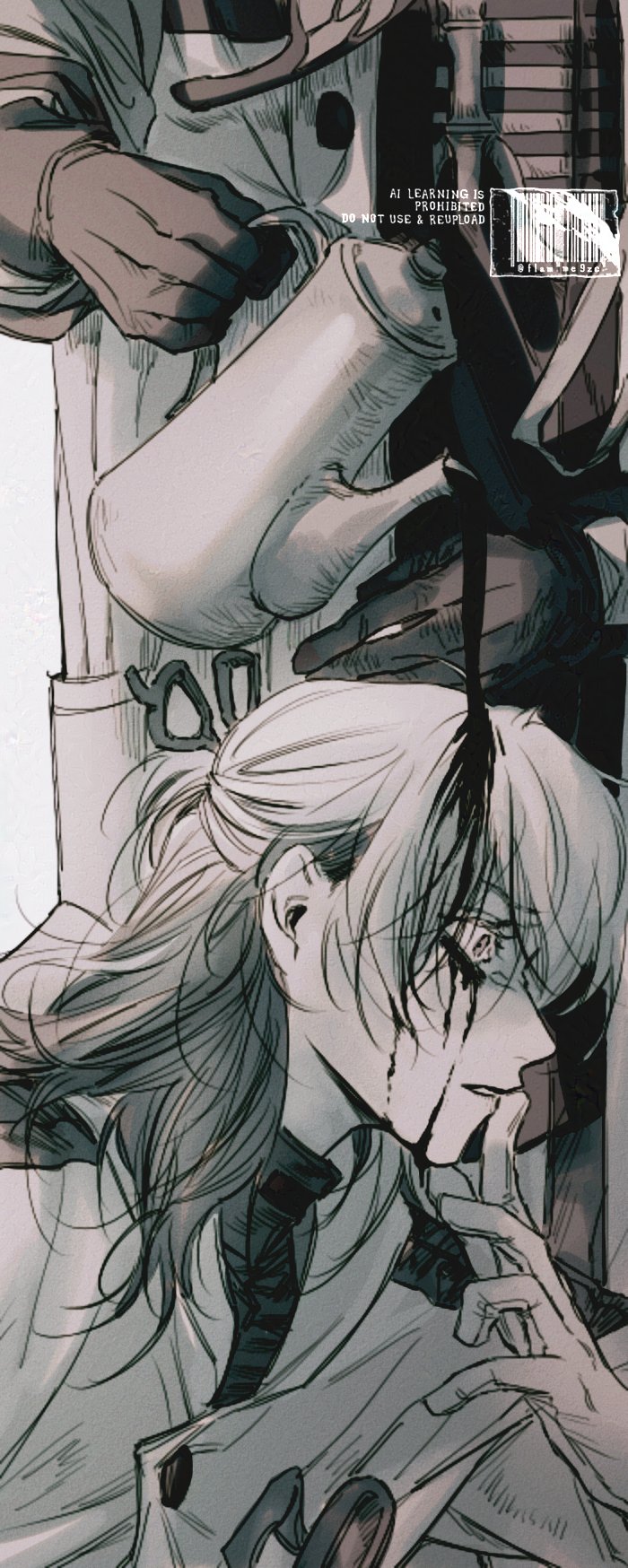 1boy 1other black_liquid coat finger_to_mouth gloves greyscale gyujik_qzc highres holding holding_kettle kettle medicine_pocket monochrome multicolored_hair pouring pouring_onto_another profile reverse:1999 solo_focus x_(reverse:1999)