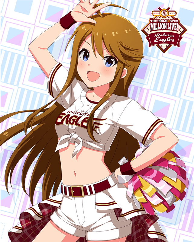 1girl ahoge baseball baseball_uniform belt blue_eyes brown_hair card_(medium) idolmaster idolmaster_million_live! idolmaster_million_live!_theater_days navel nippon_professional_baseball official_art open_mouth pom_pom_(cheerleading) rakuten shirt short_shorts shorts solo sportswear tied_shirt tokoro_megumi touhoku_rakuten_golden_eagles